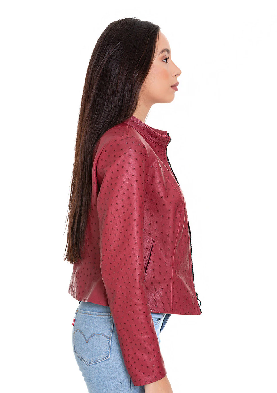 The Comly Burgundy Ostrich Leather Women Jacket - Image 2