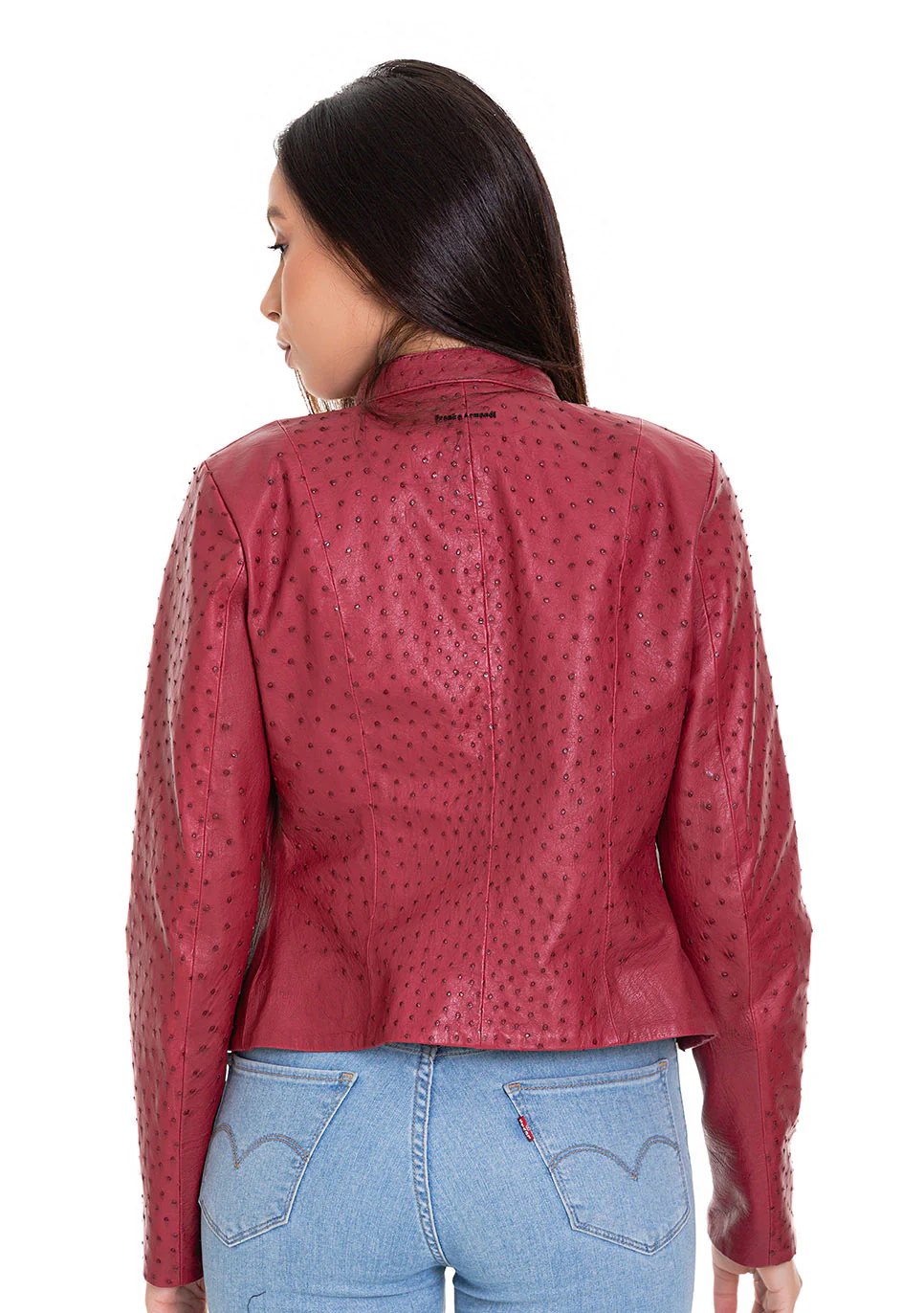 The Comly Burgundy Ostrich Leather Women Jacket - Image 3