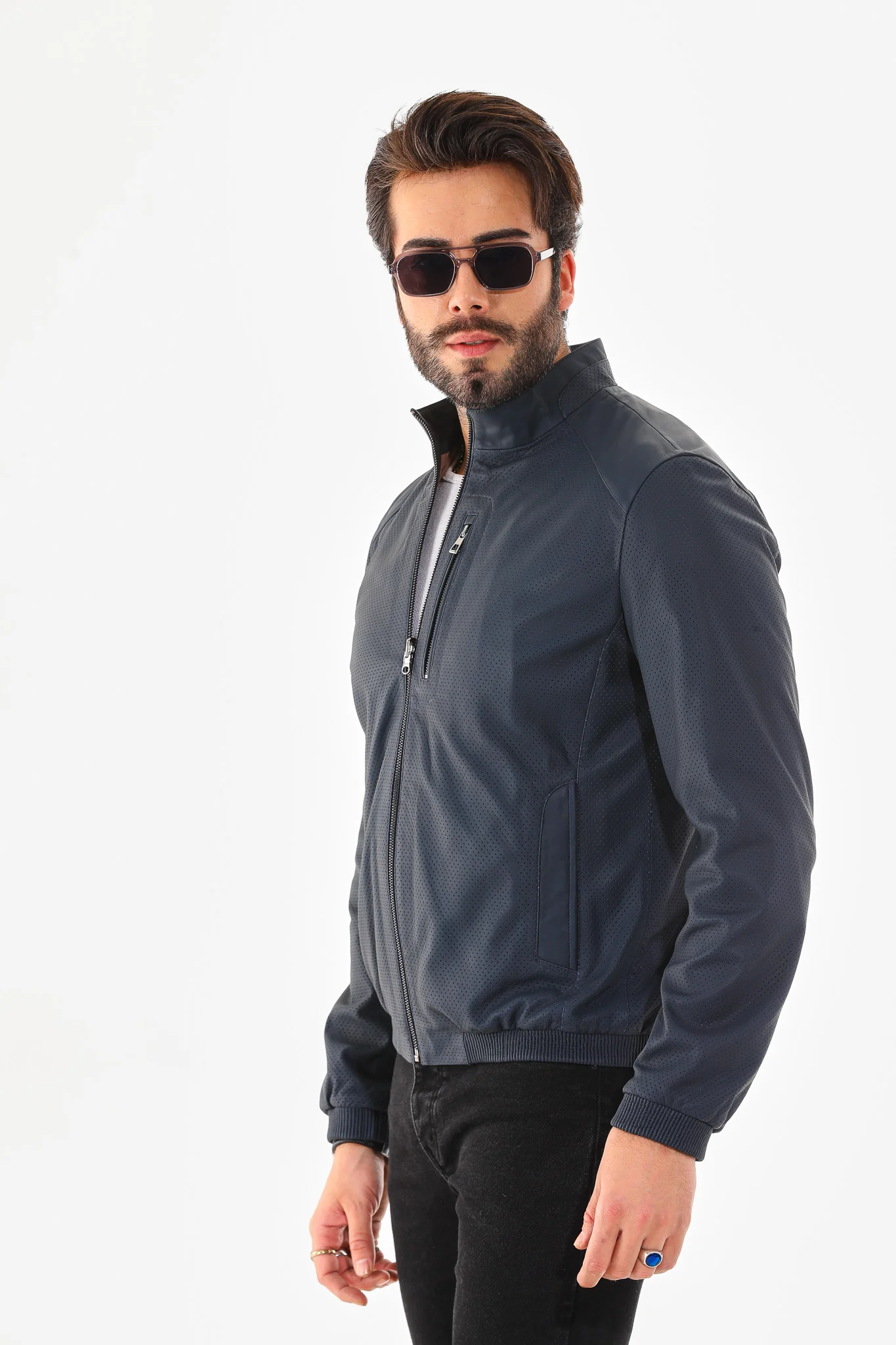 The Como Navy Blue Leather Bomber Jacket - Image 10