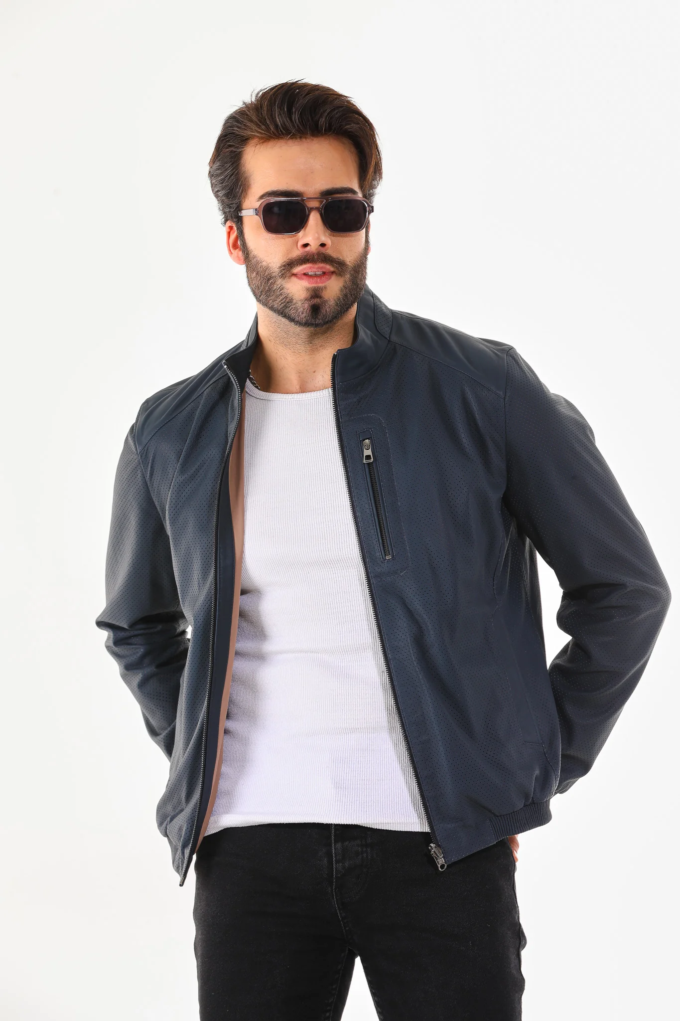 The Como Navy Blue Leather Bomber Jacket - Image 2