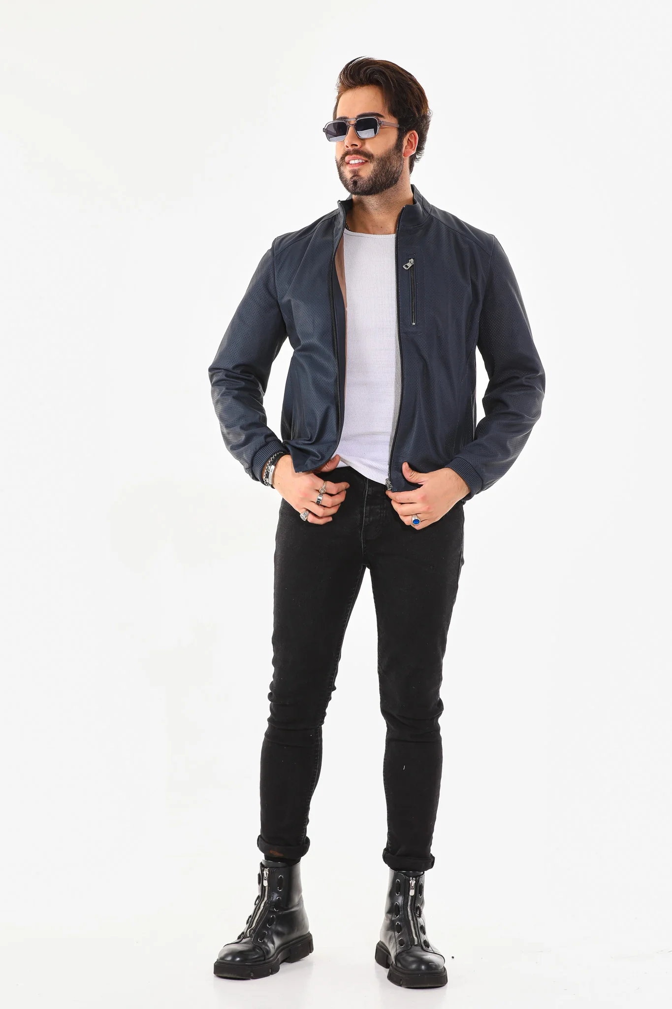 The Como Navy Blue Leather Bomber Jacket - Image 3