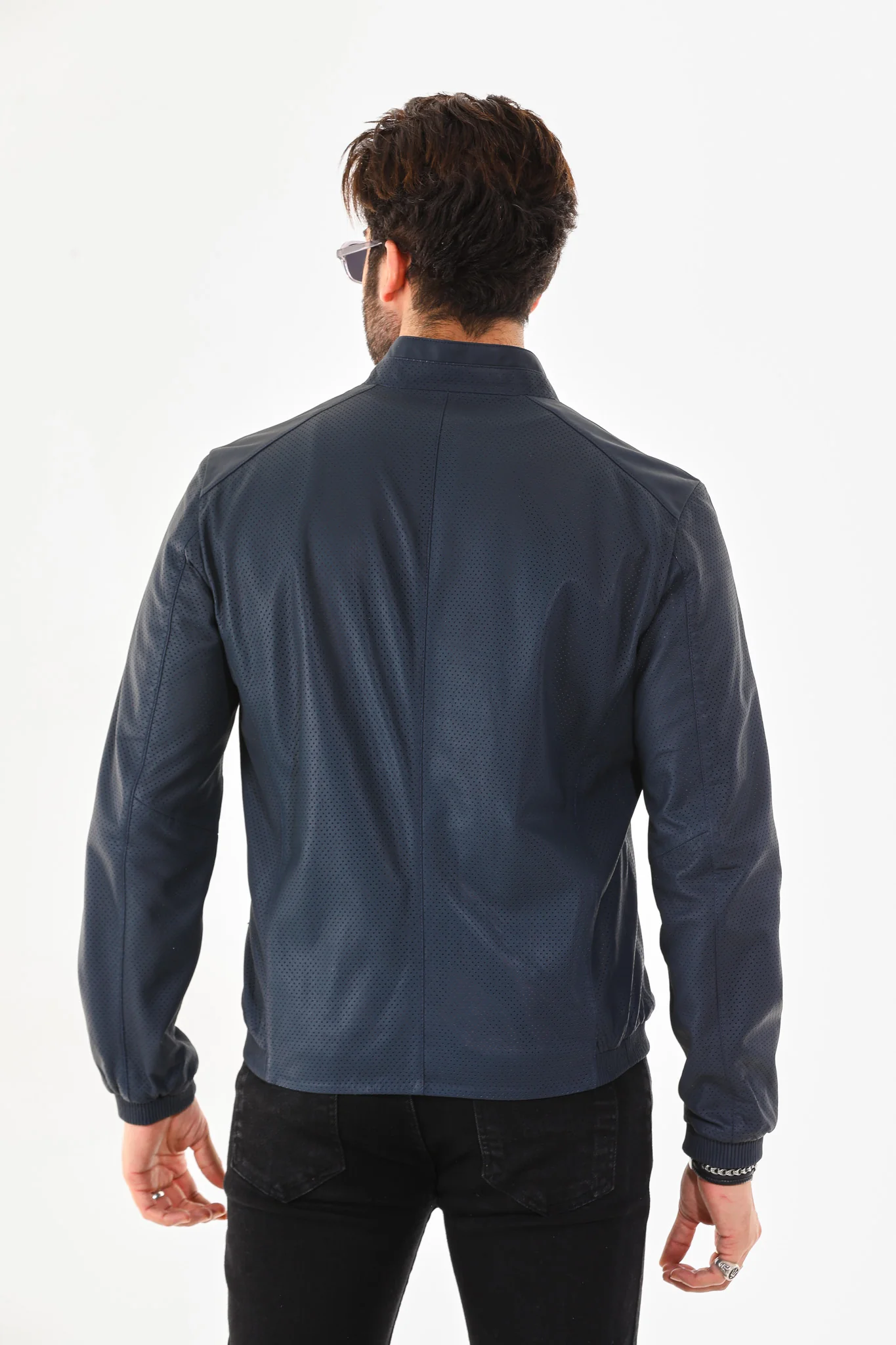 The Como Navy Blue Leather Bomber Jacket - Image 4