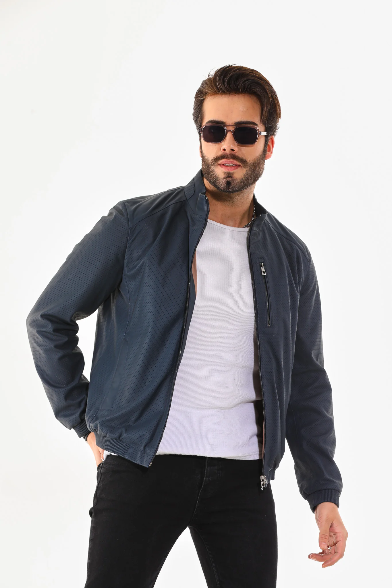 The Como Navy Blue Leather Bomber Jacket - Image 7