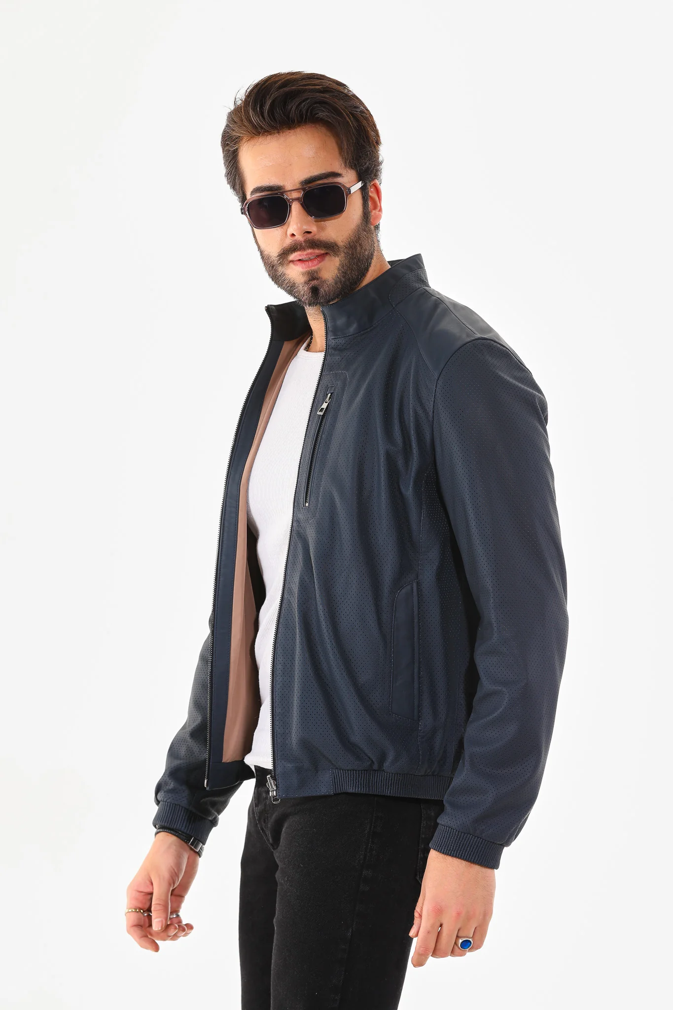 The Como Navy Blue Leather Bomber Jacket - Image 8
