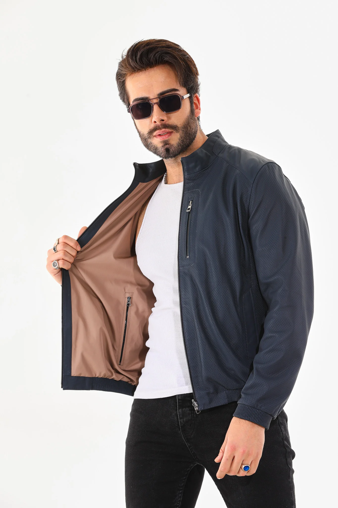 The Como Navy Blue Leather Bomber Jacket - Image 9