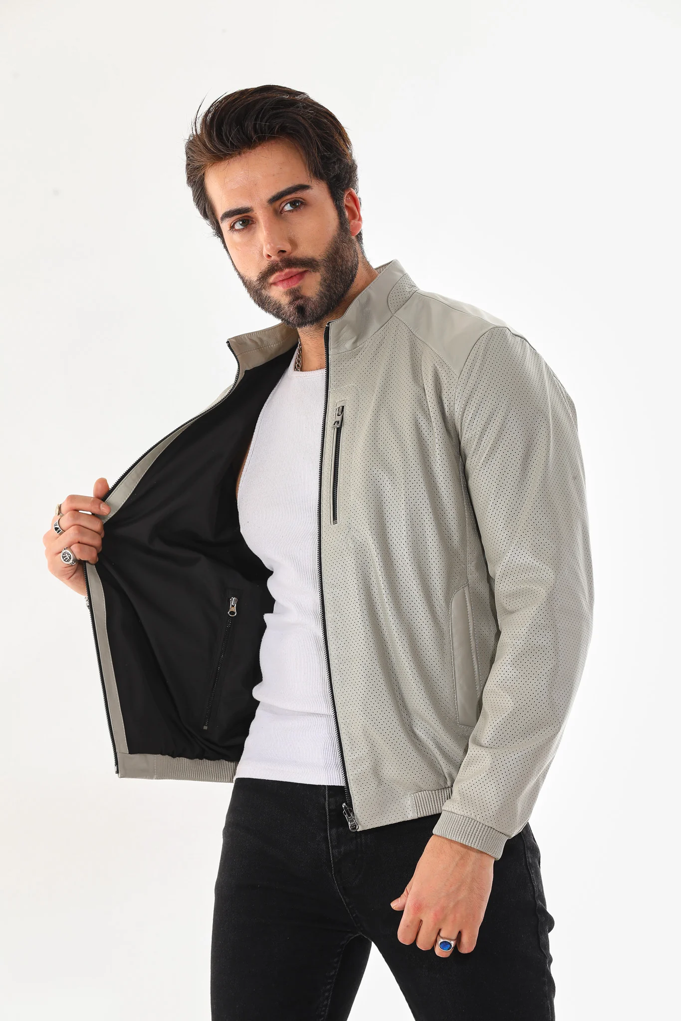 The Como Reversible Cream & Black Leather Bomber Jacket - Image 5