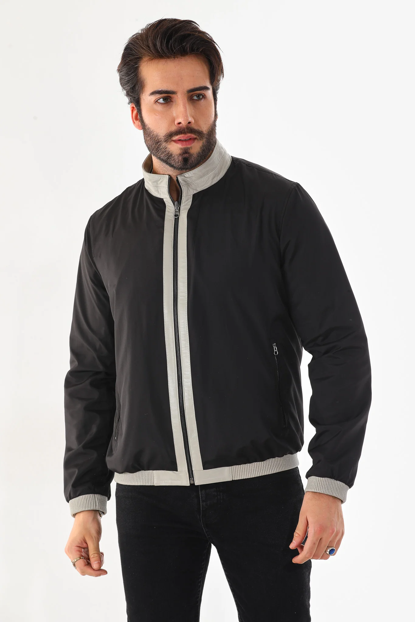 The Como Reversible Cream & Black Leather Bomber Jacket - Image 7
