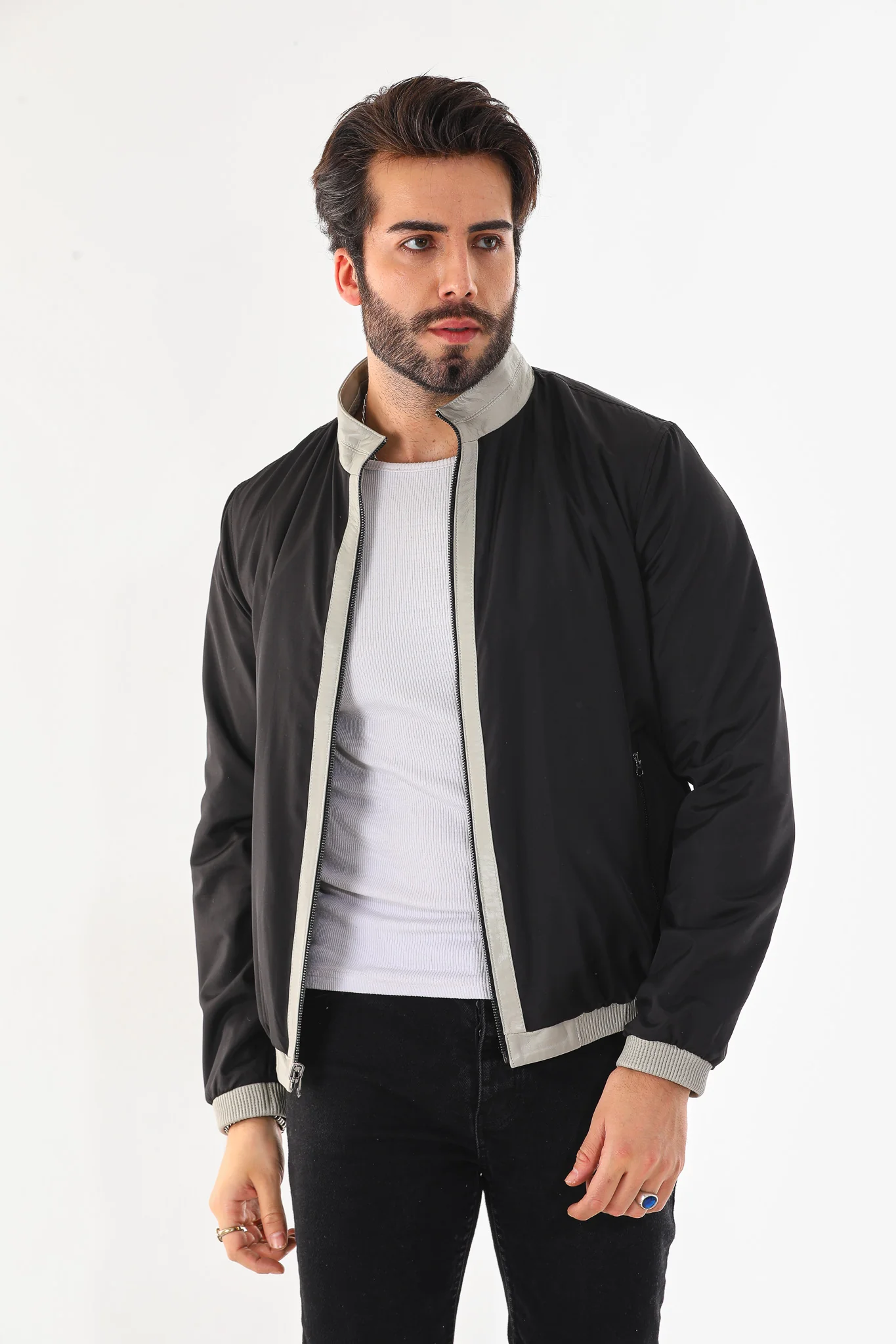 The Como Reversible Cream & Black Leather Bomber Jacket - Image 8