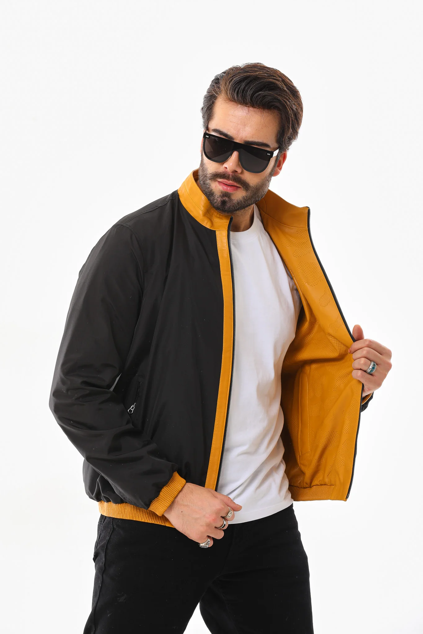 The Como Reversible Mustard Yellow & Black Leather Bomber Jacket - Image 10