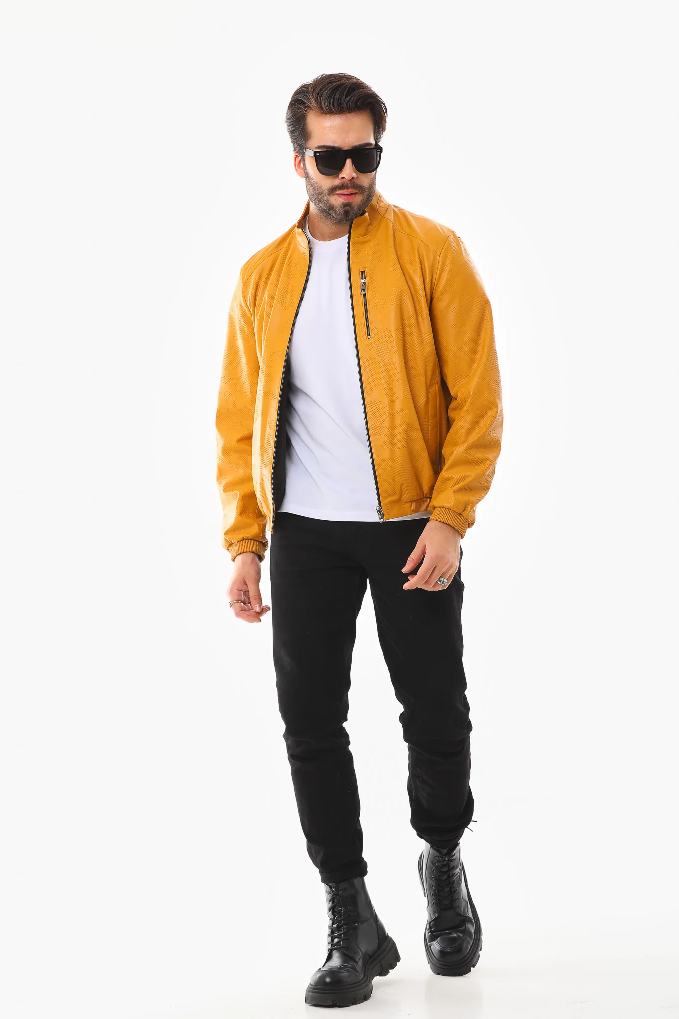 The Como Reversible Mustard Yellow & Black Leather Bomber Jacket - Image 11
