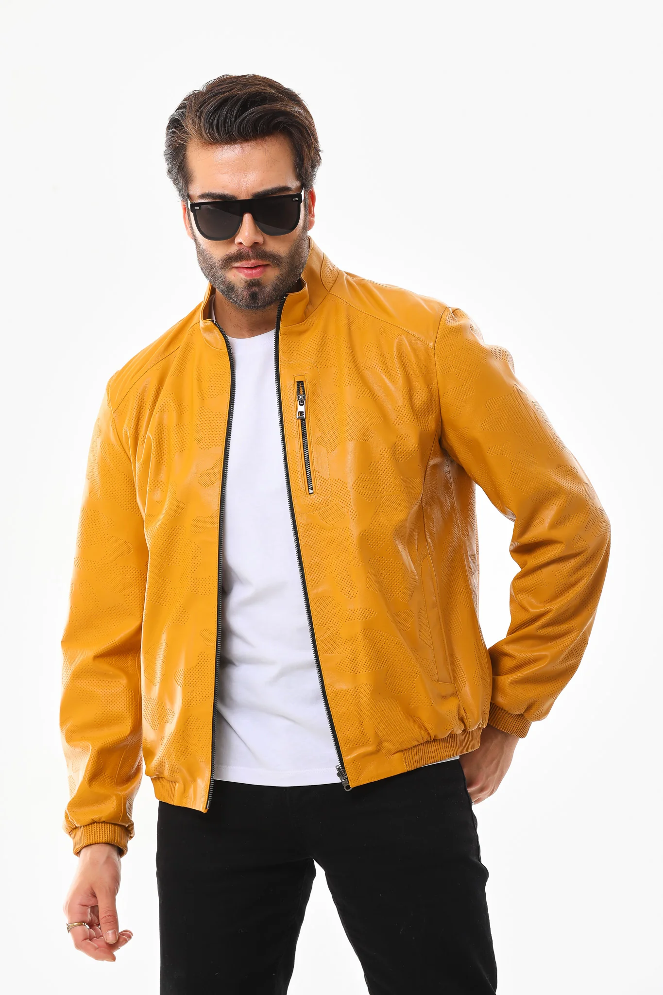 The Como Reversible Mustard Yellow & Black Leather Bomber Jacket - Image 12