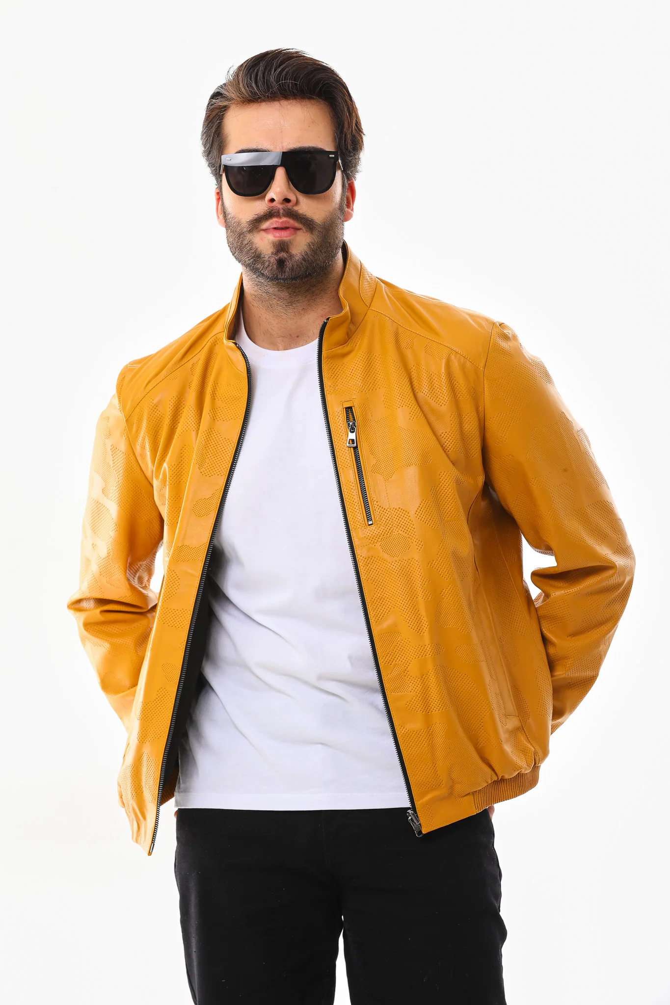 The Como Reversible Mustard Yellow & Black Leather Bomber Jacket - Image 13