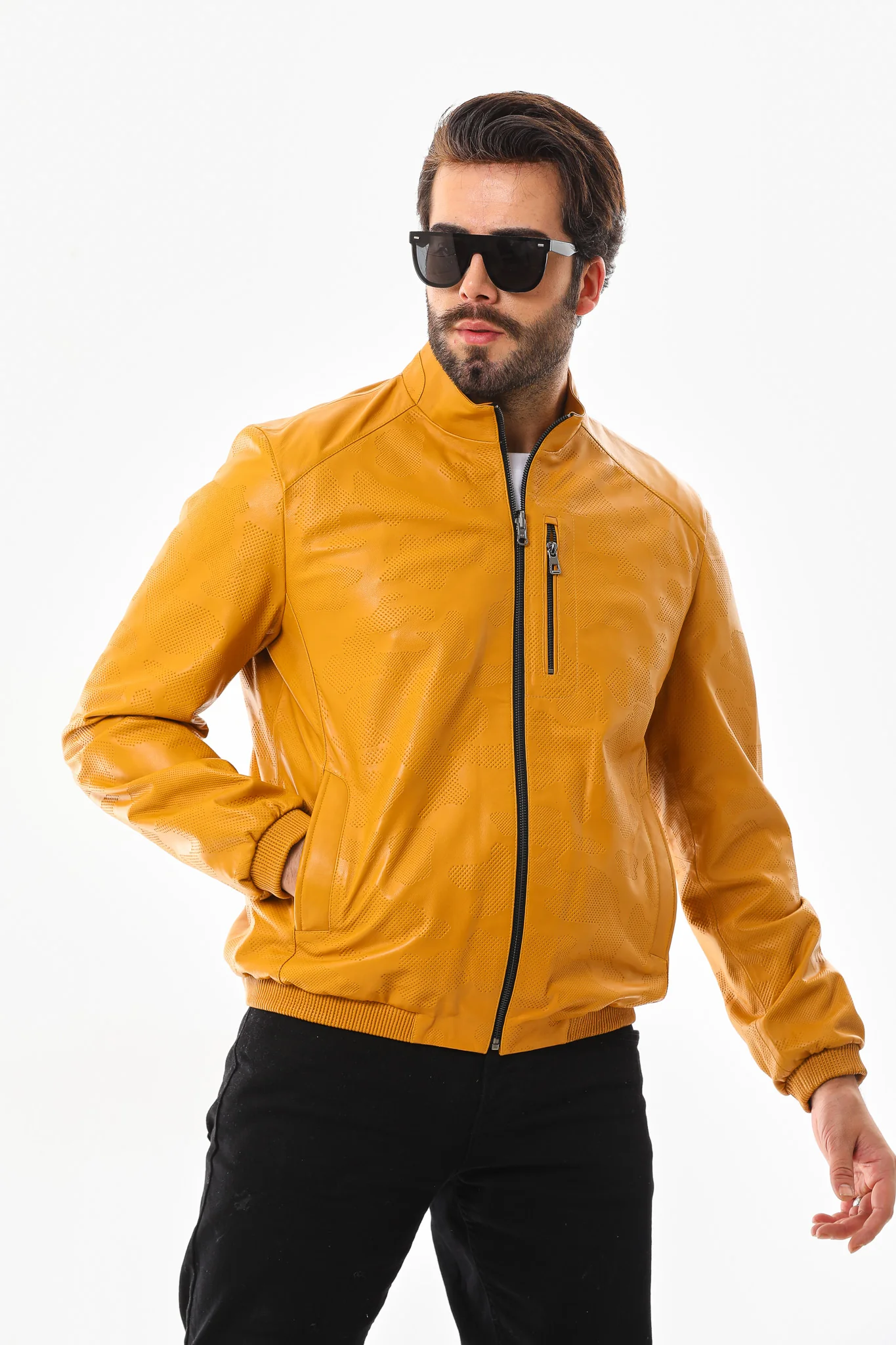 The Como Reversible Mustard Yellow & Black Leather Bomber Jacket - Image 15