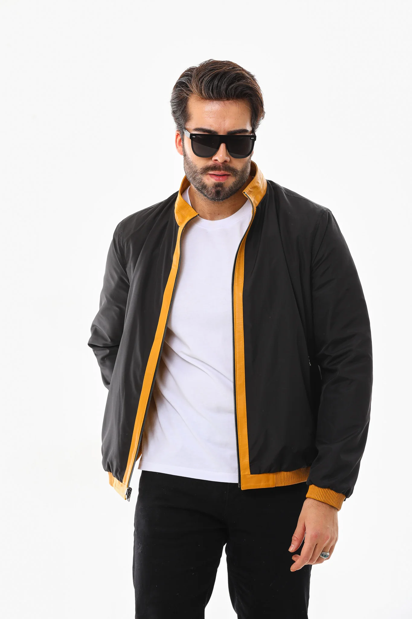 The Como Reversible Mustard Yellow & Black Leather Bomber Jacket - Image 17