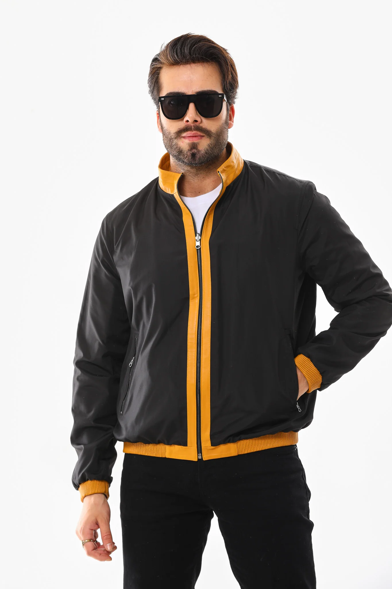 The Como Reversible Mustard Yellow & Black Leather Bomber Jacket - Image 6