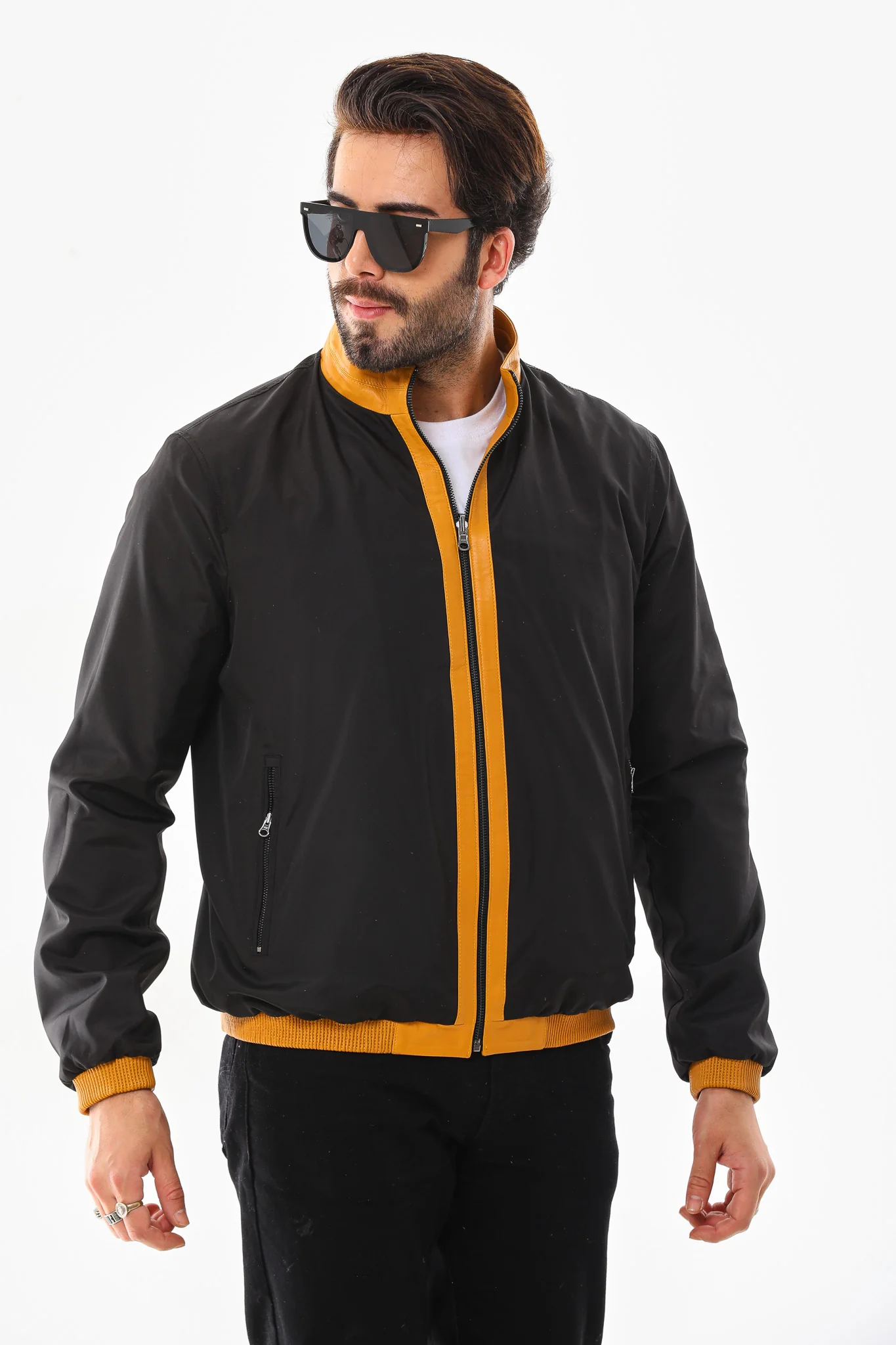 The Como Reversible Mustard Yellow & Black Leather Bomber Jacket - Image 7