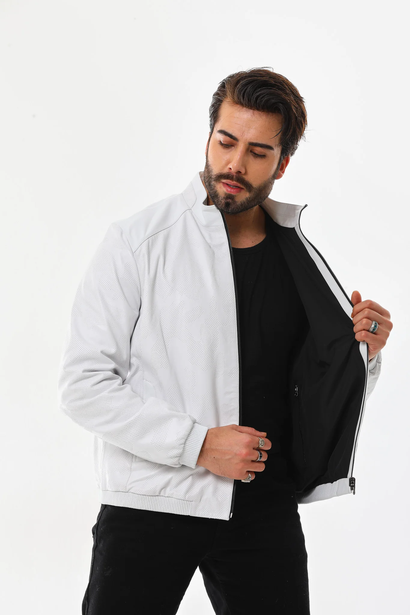 The Como Reversible White & Black Leather Bomber Jacket - Image 2
