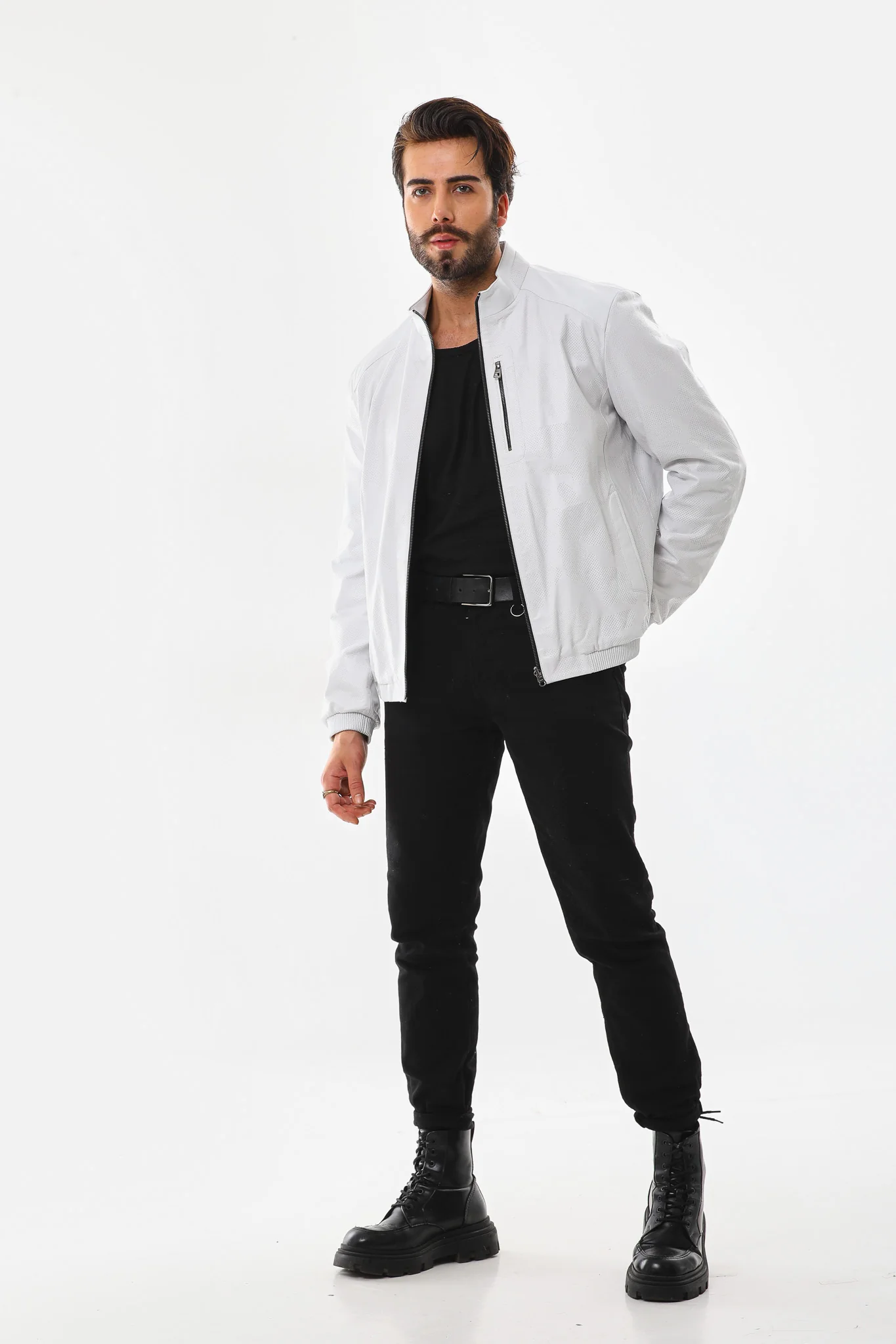 The Como Reversible White & Black Leather Bomber Jacket - Image 5