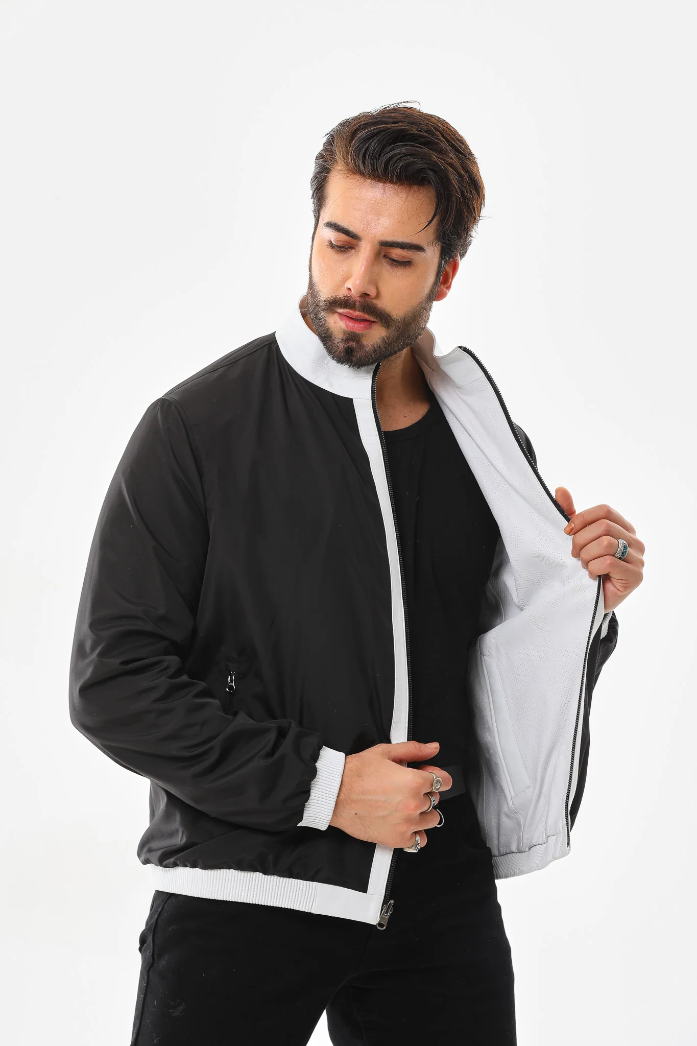 The Como Reversible White & Black Leather Bomber Jacket - Image 7