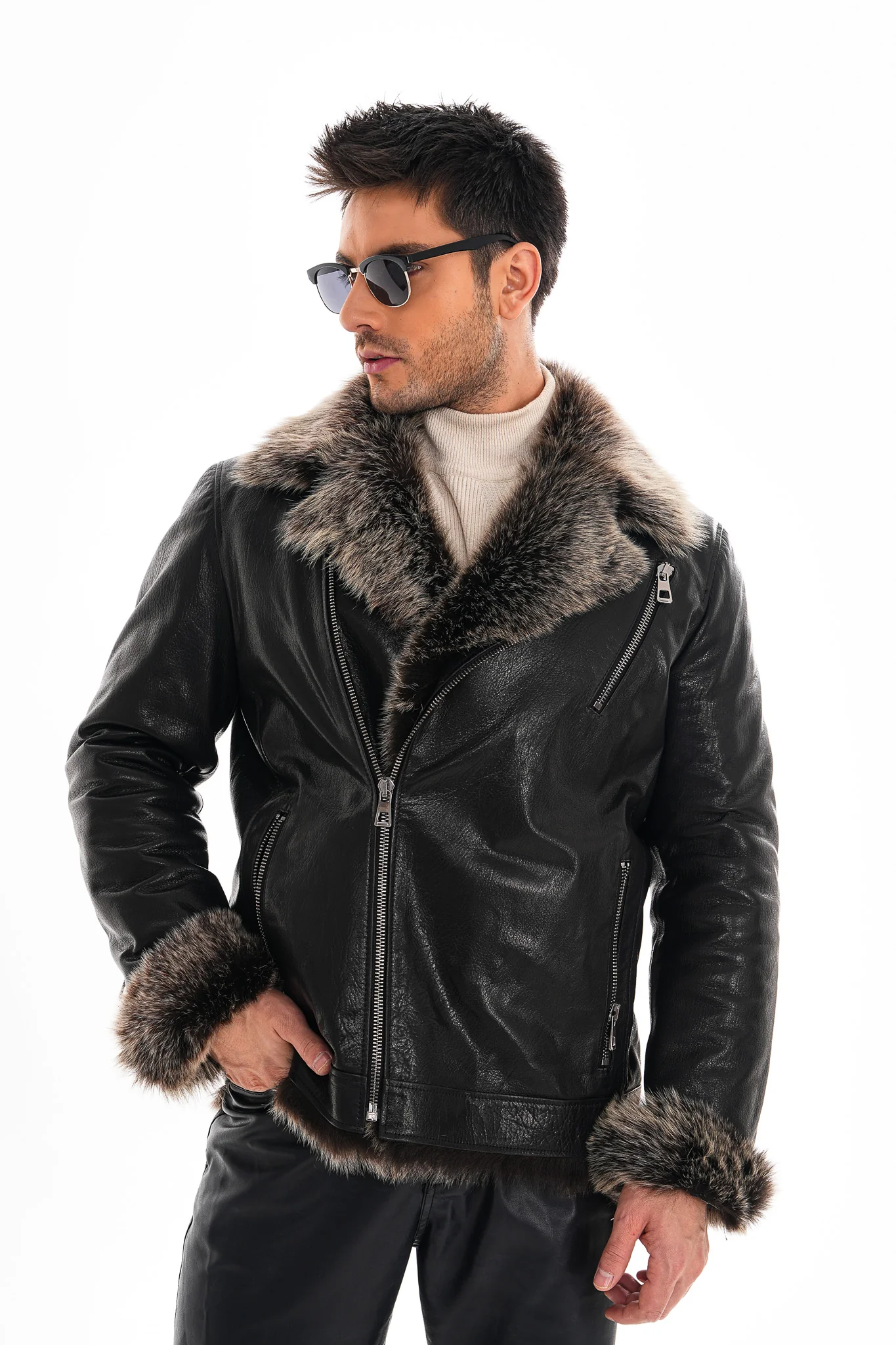 The Cortina Black Shearling Leather Men Jacket - Image 10