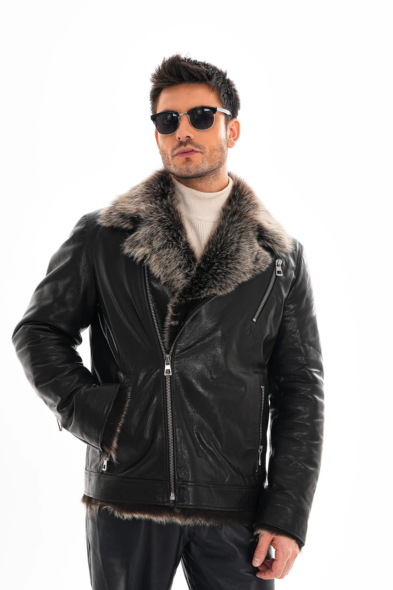 The Cortina Black Shearling Leather Men Jacket - Image 8