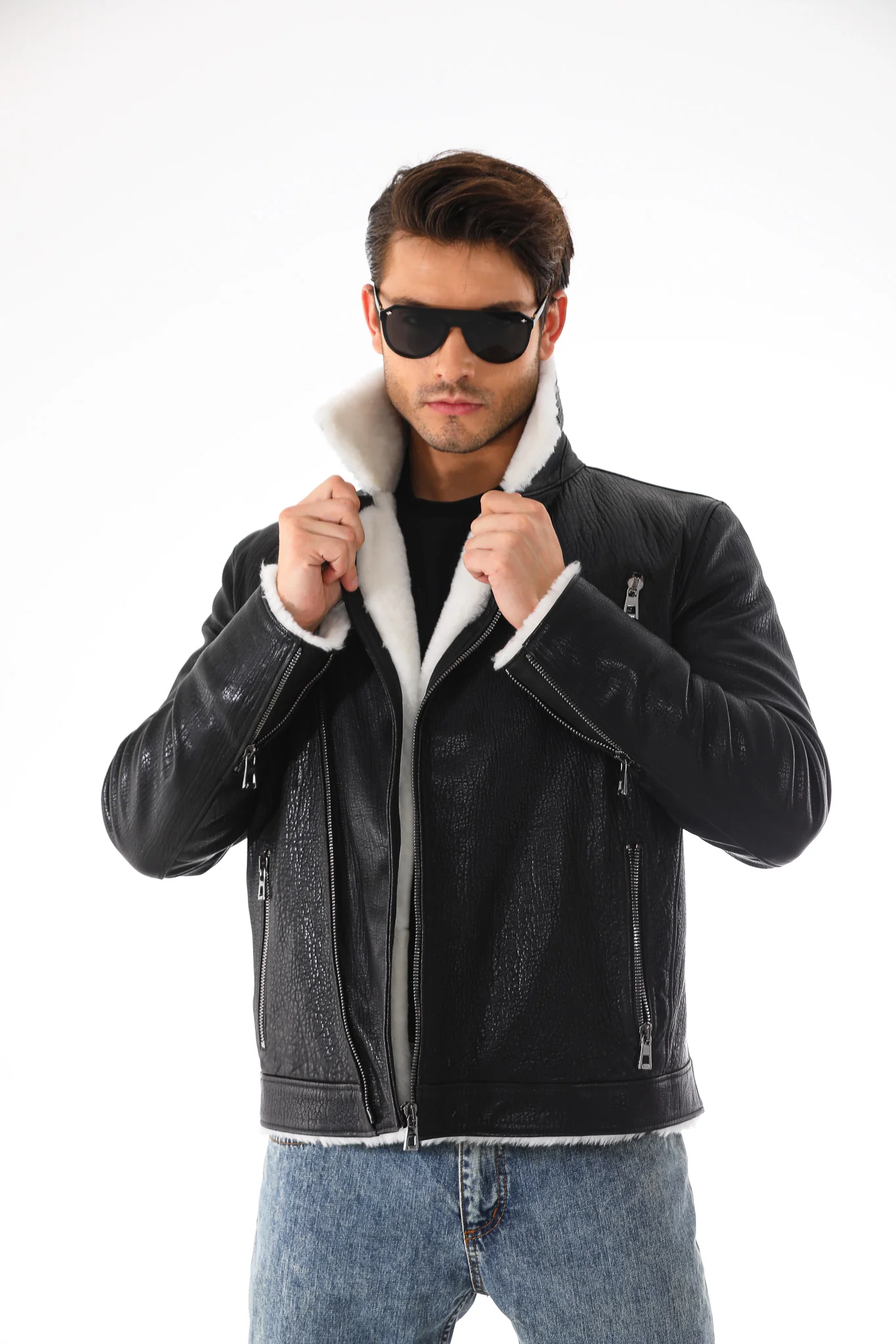 The Cortina Black Shearling Leather Men Jacket - Image 2