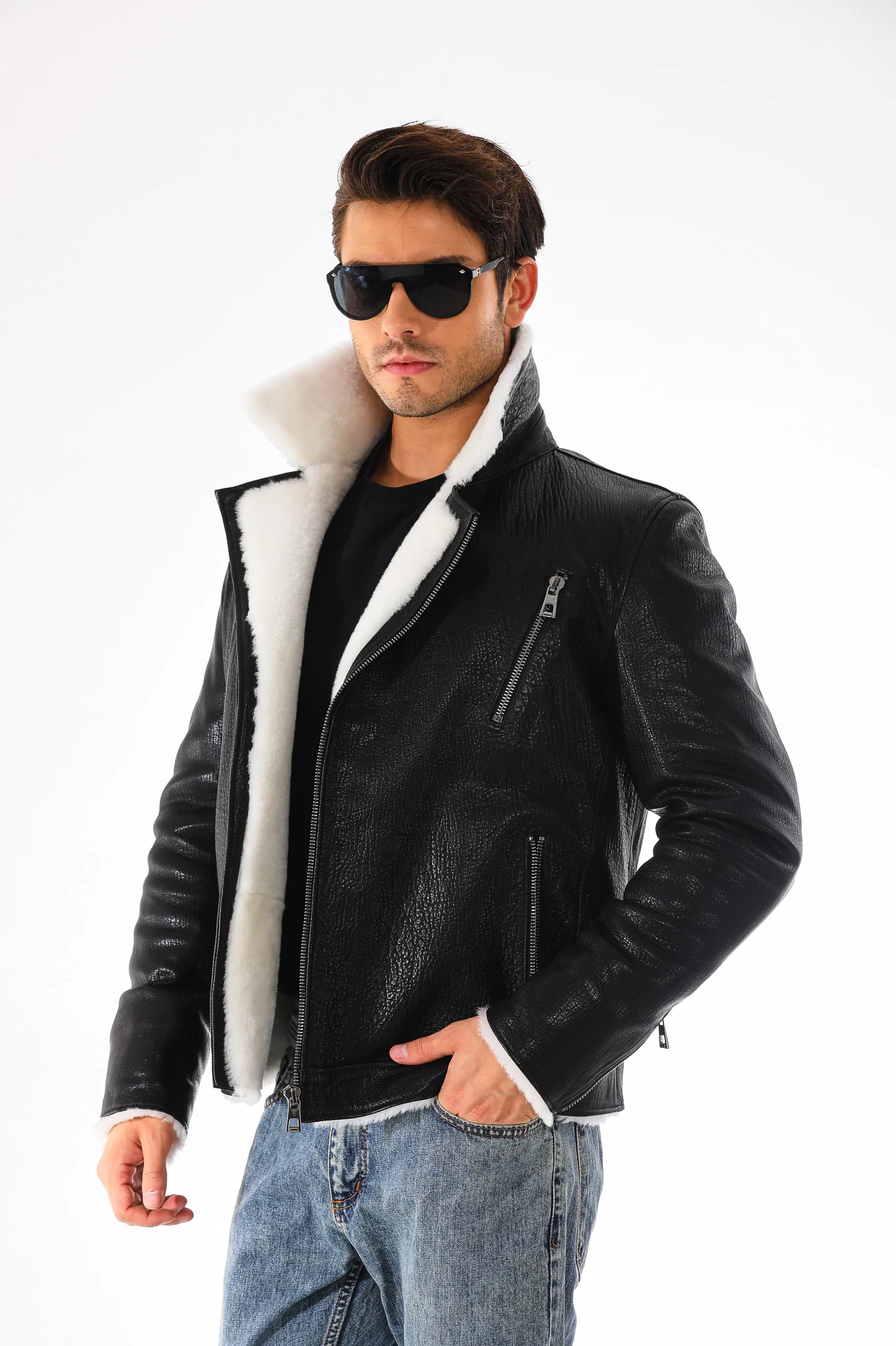 The Cortina Black Shearling Leather Men Jacket - Image 7