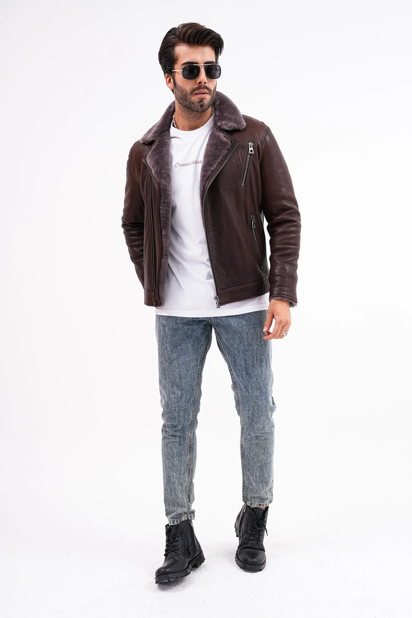 The Cortina Brown Shearling Leather Men Jacket - Image 2