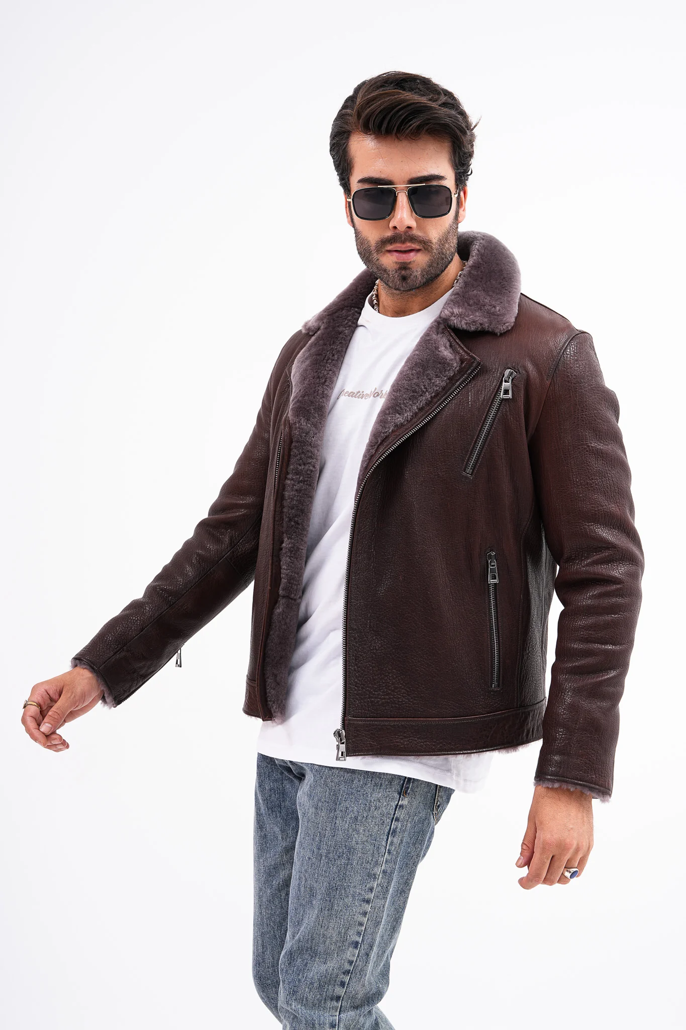 The Cortina Brown Shearling Leather Men Jacket - Image 5