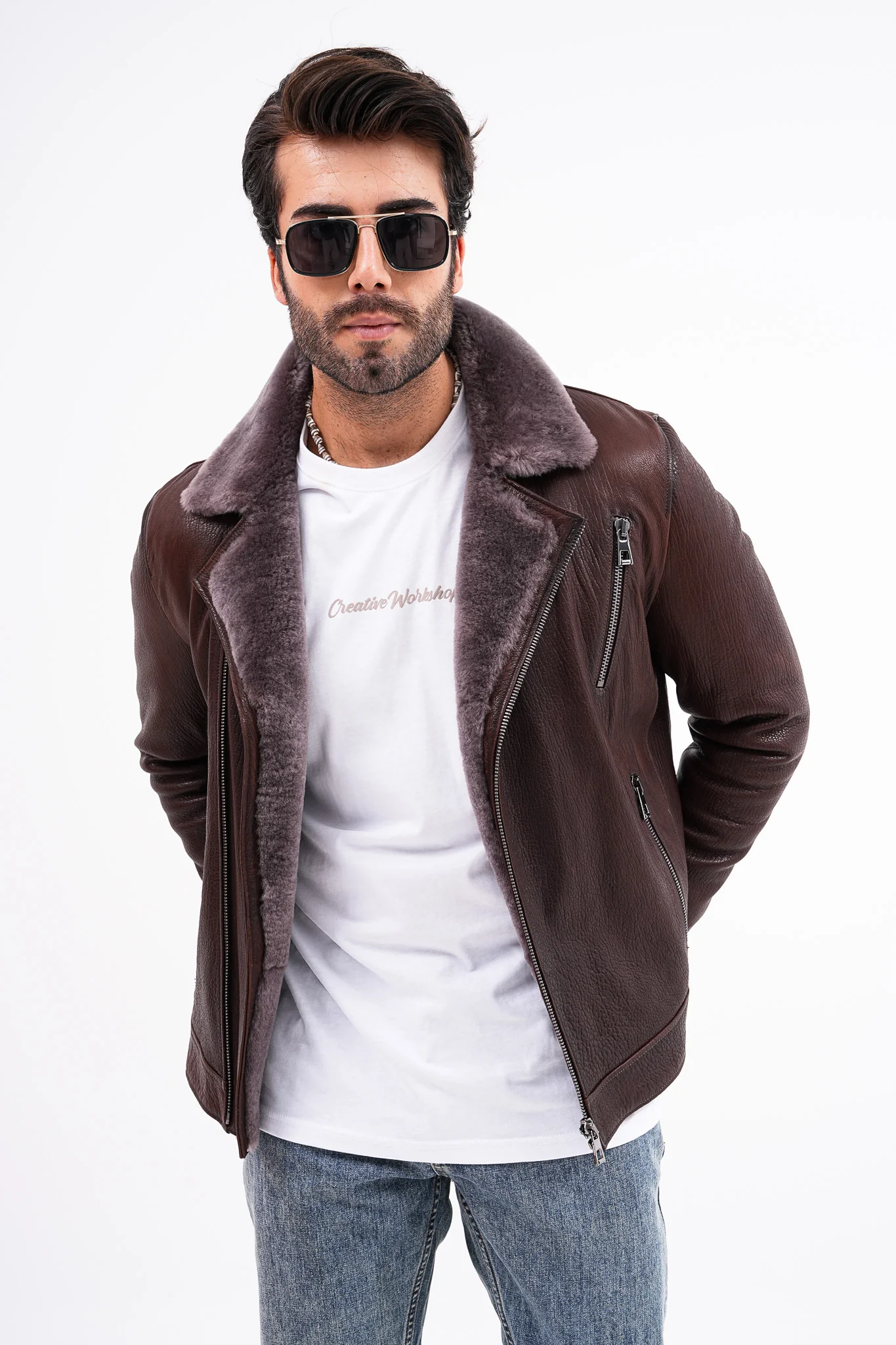 The Cortina Brown Shearling Leather Men Jacket - Image 6