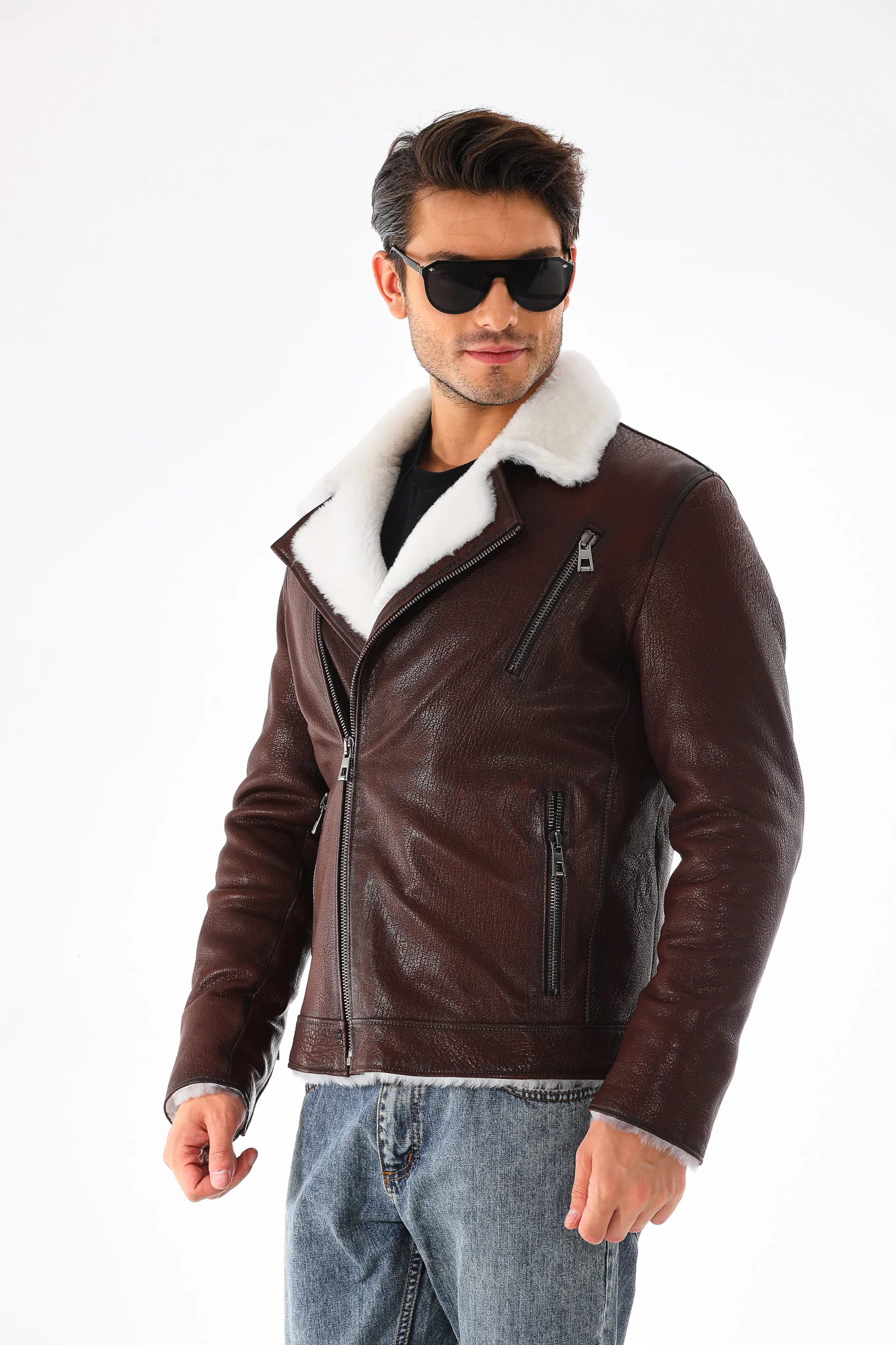 The Cortina Brown & White Shearling Leather Men Jacket - Image 10