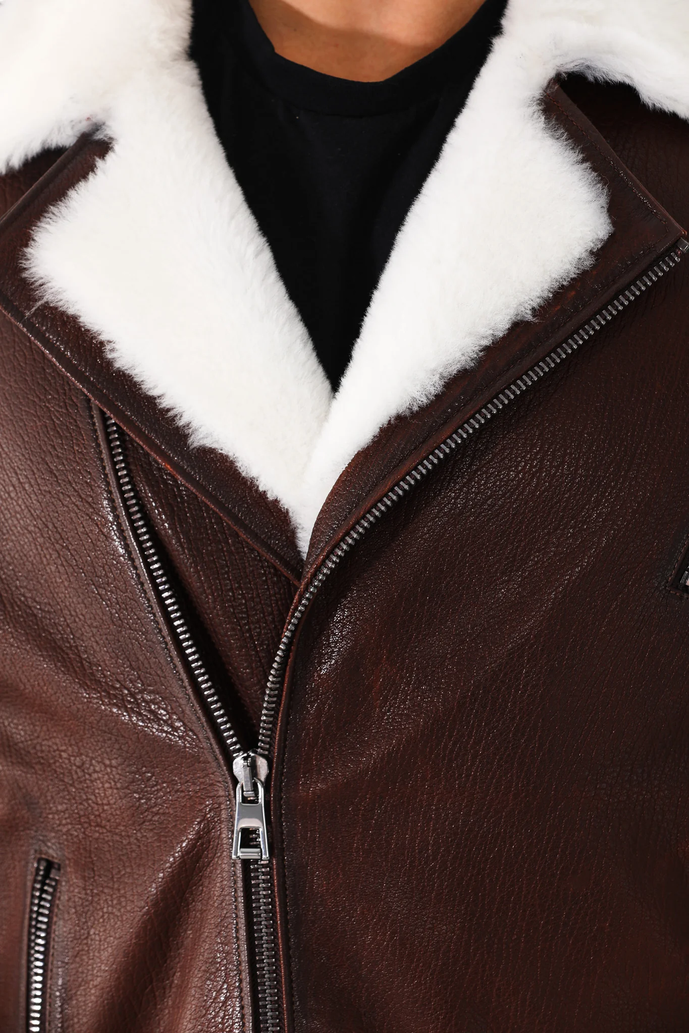 The Cortina Brown & White Shearling Leather Men Jacket - Image 4