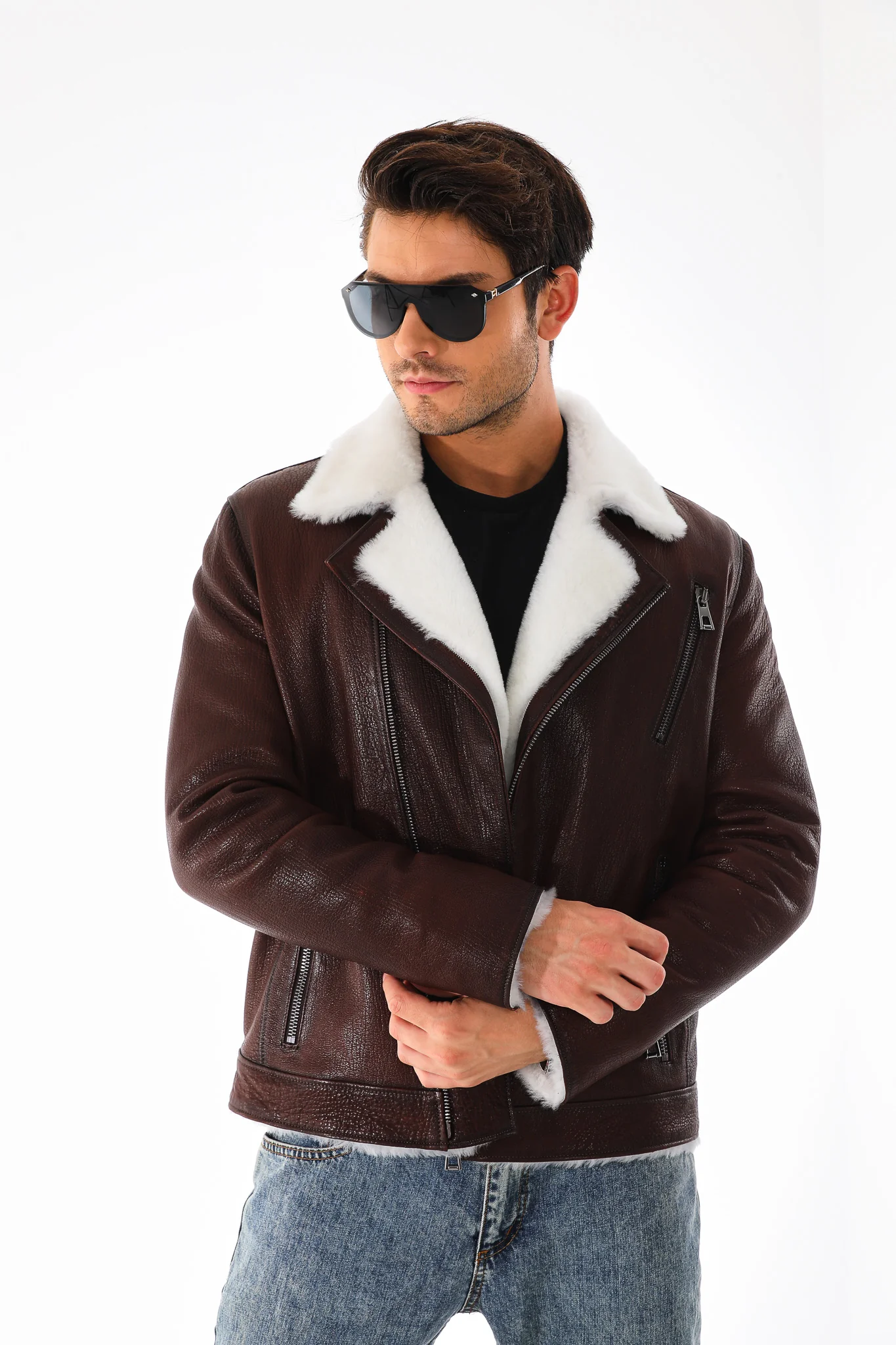 The Cortina Brown & White Shearling Leather Men Jacket - Image 5