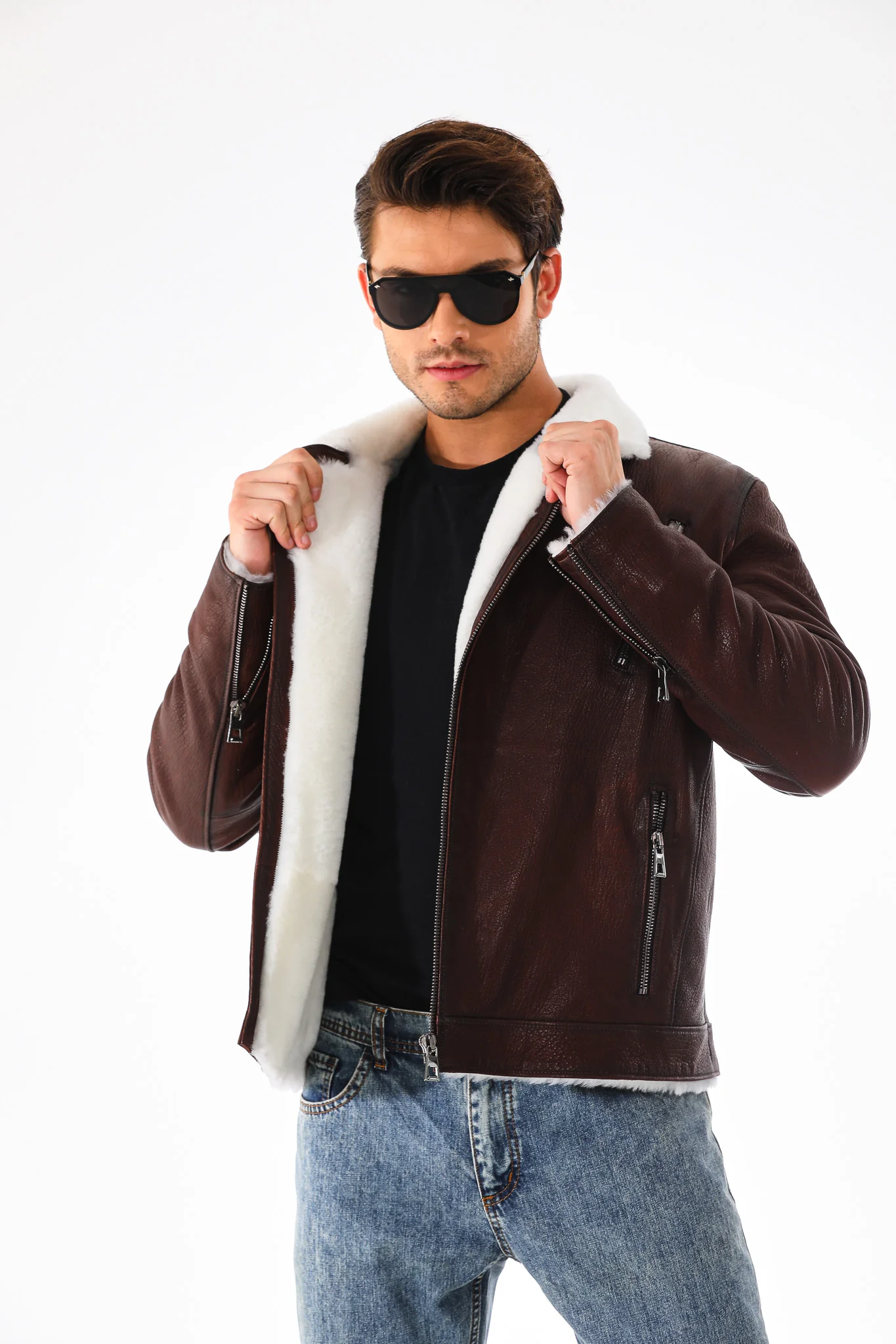 The Cortina Brown & White Shearling Leather Men Jacket - Image 7