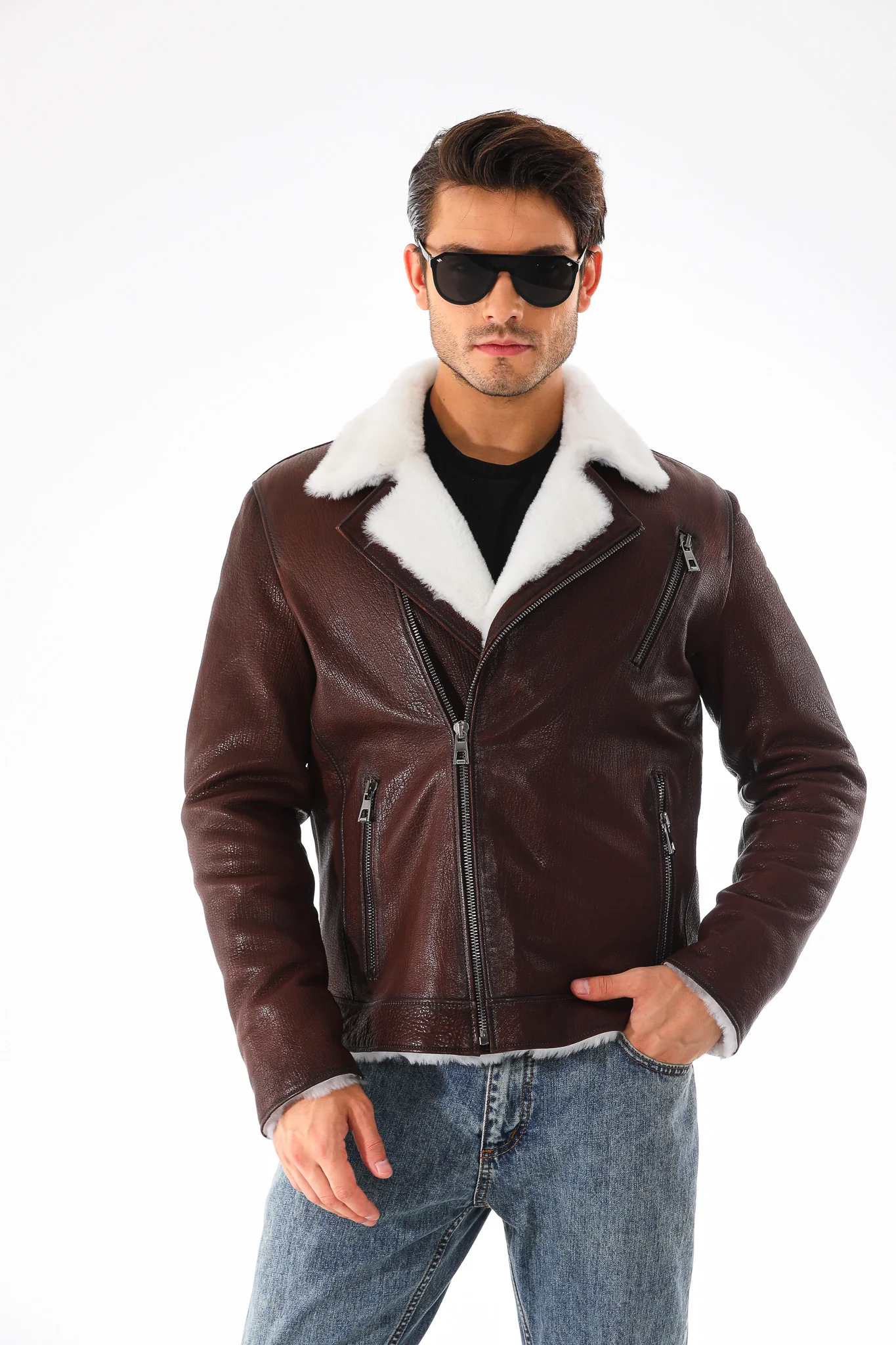 The Cortina Brown & White Shearling Leather Men Jacket - Image 8