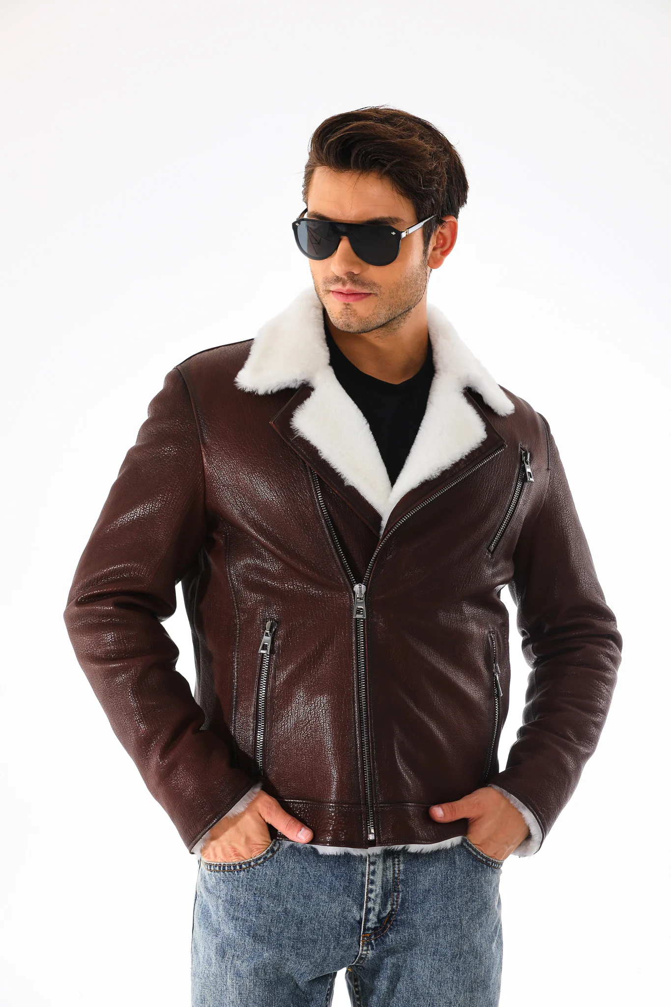 The Cortina Brown & White Shearling Leather Men Jacket - Image 9