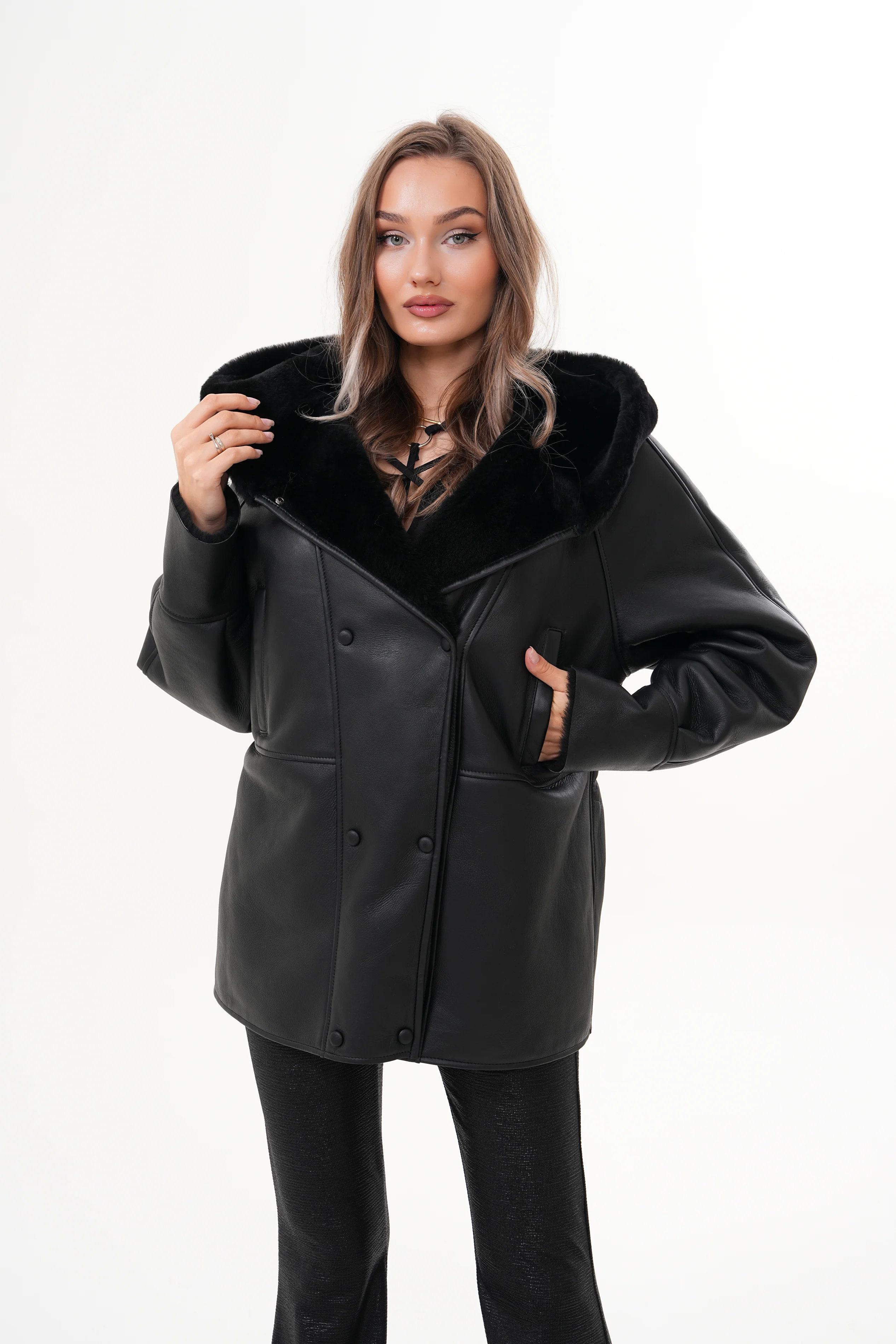 The Denali Hooded Black Shearling Leather Women Jacket - Image 11