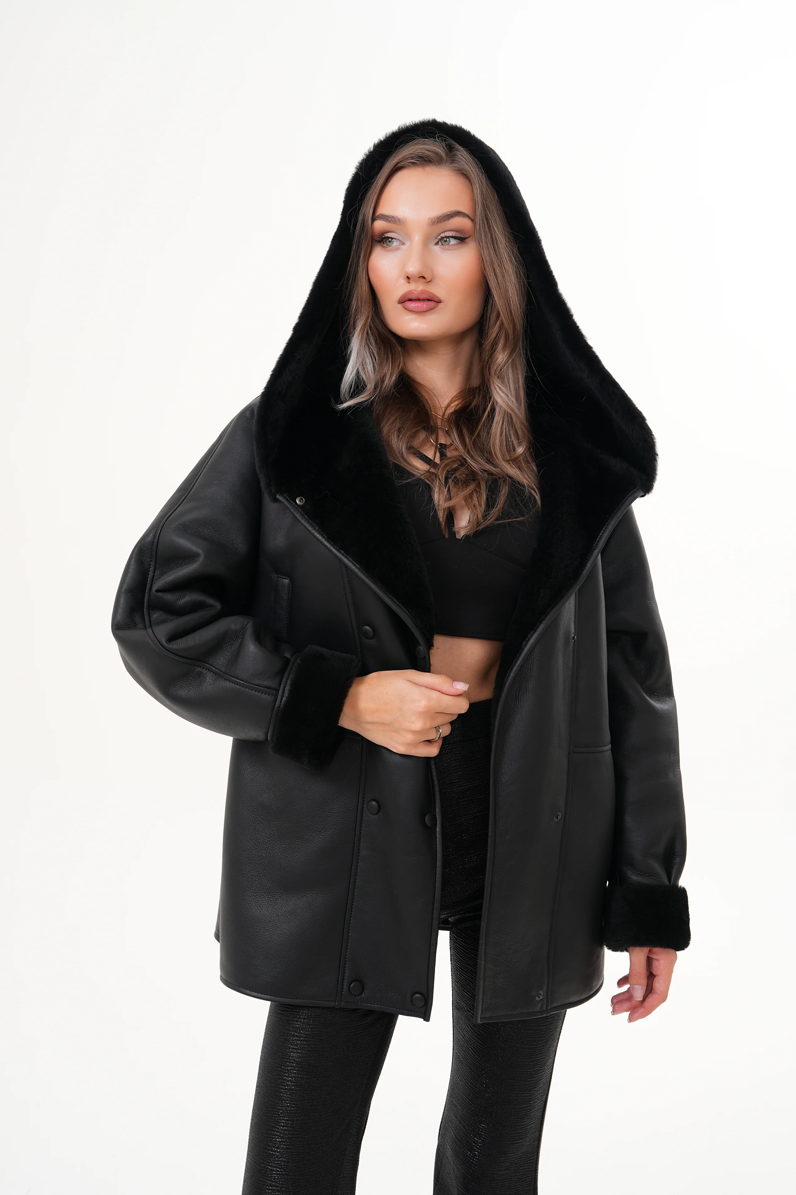 The Denali Hooded Black Shearling Leather Women Jacket - Image 13