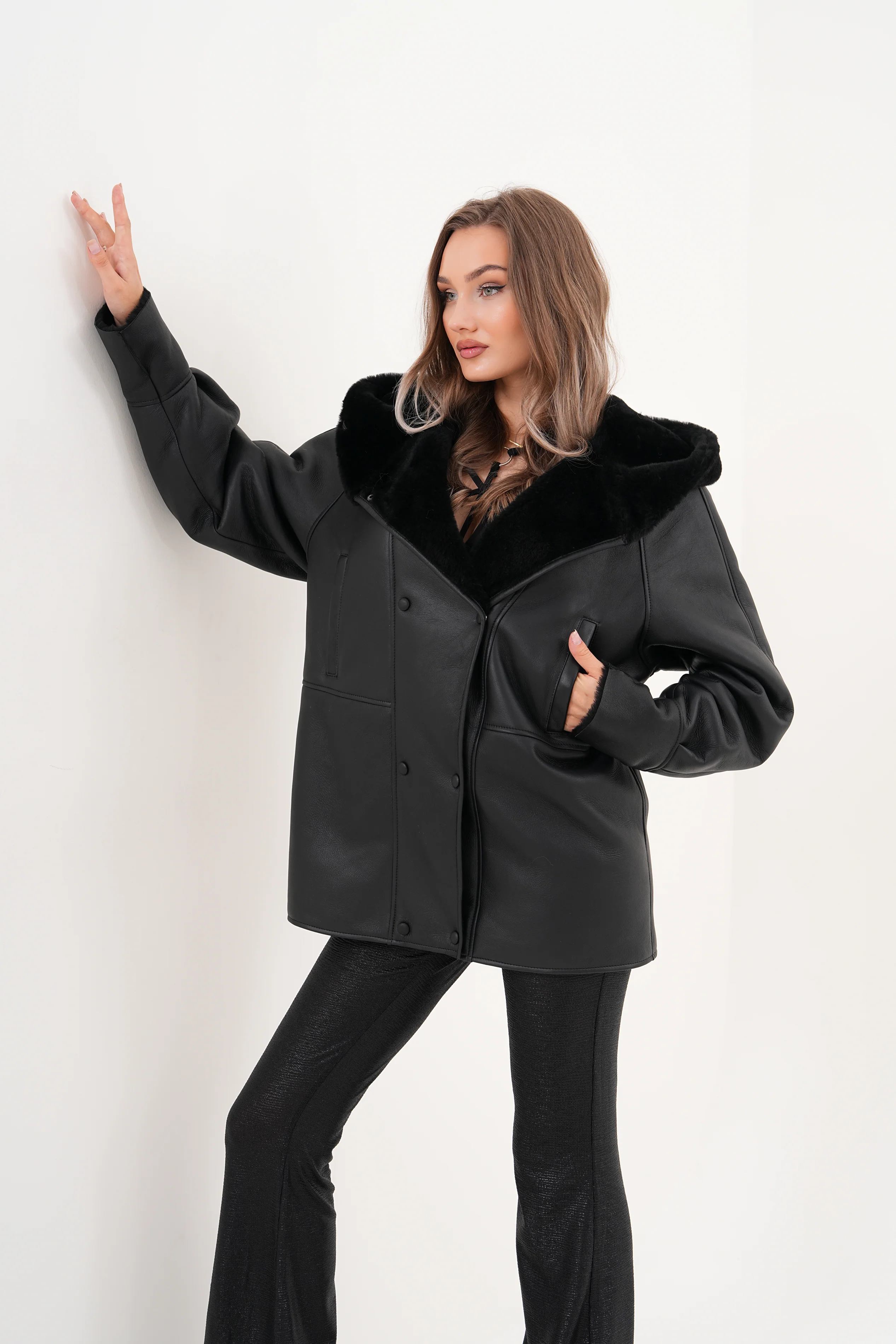 The Denali Hooded Black Shearling Leather Women Jacket - Image 2