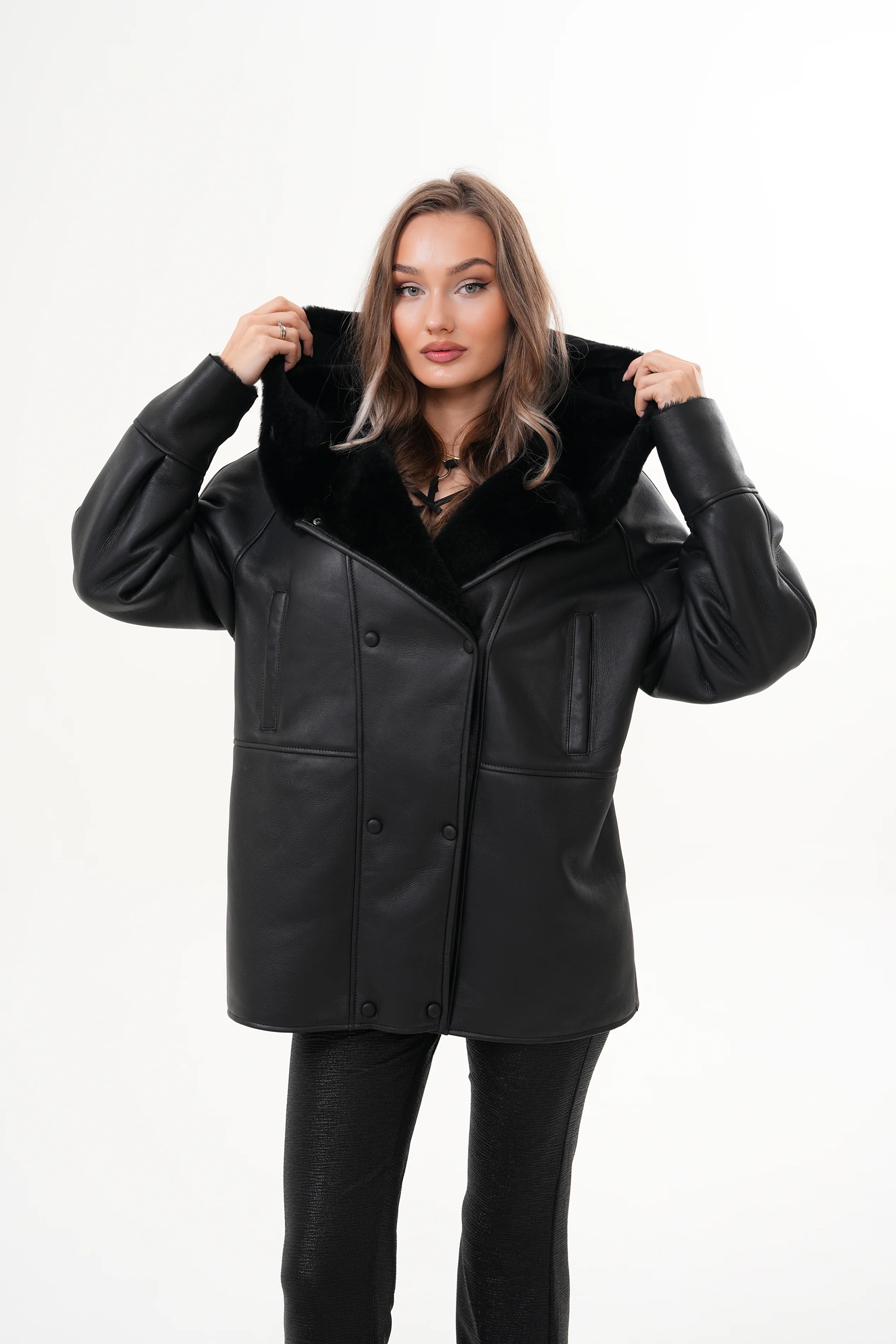 The Denali Hooded Black Shearling Leather Women Jacket - Image 4