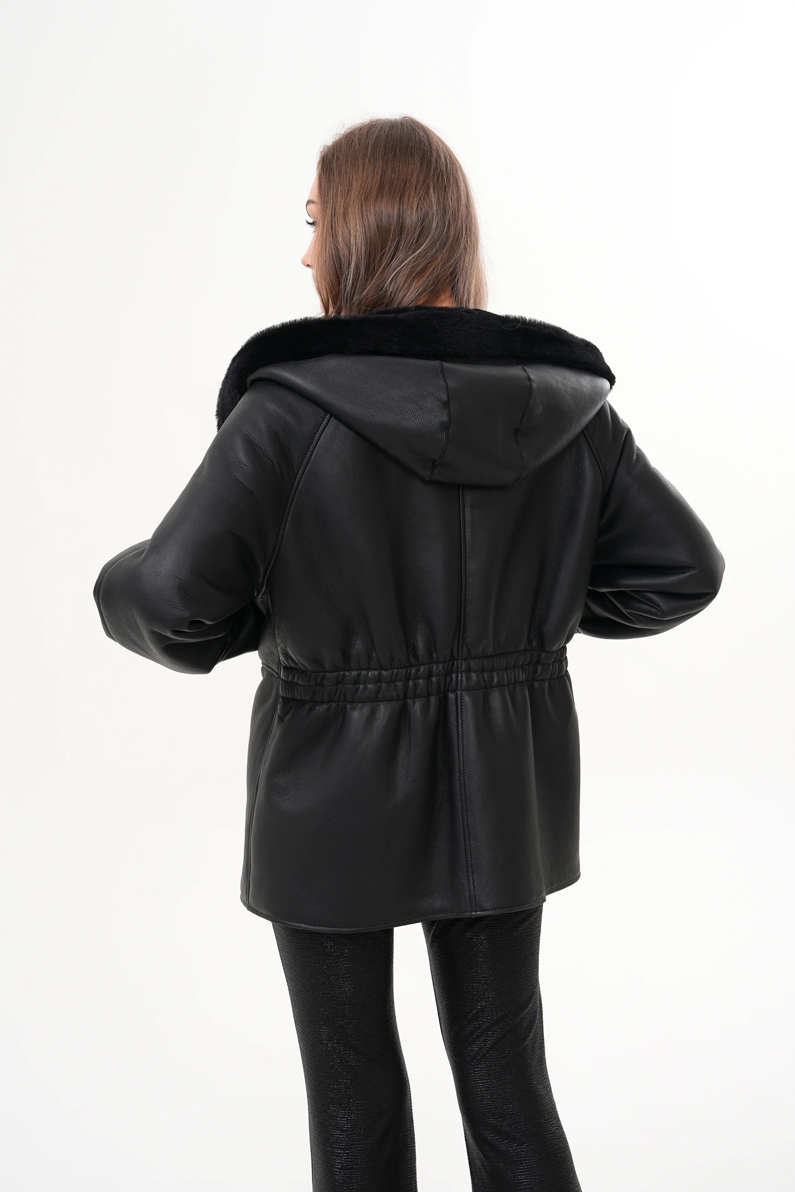The Denali Hooded Black Shearling Leather Women Jacket - Image 5