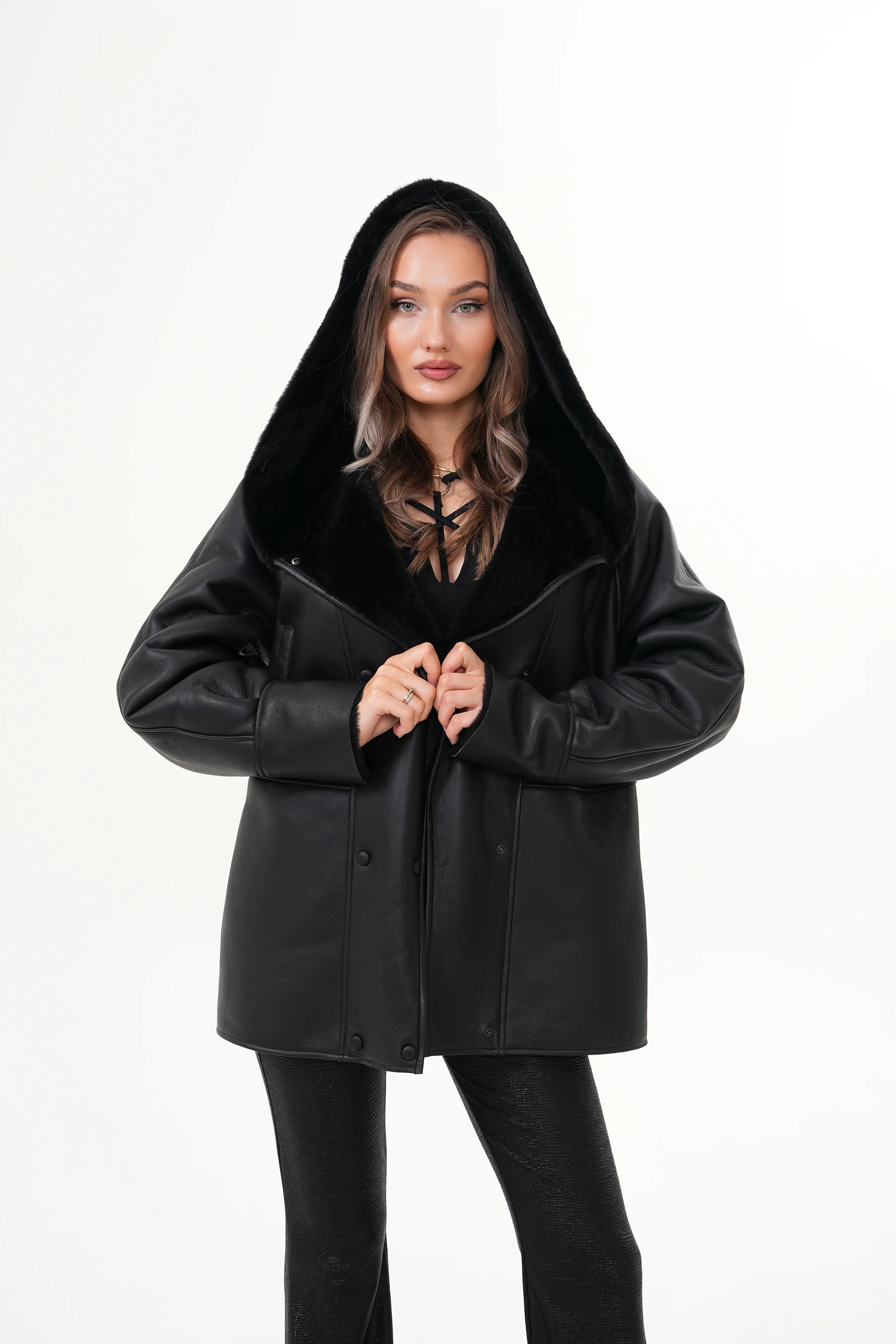 The Denali Hooded Black Shearling Leather Women Jacket - Image 6