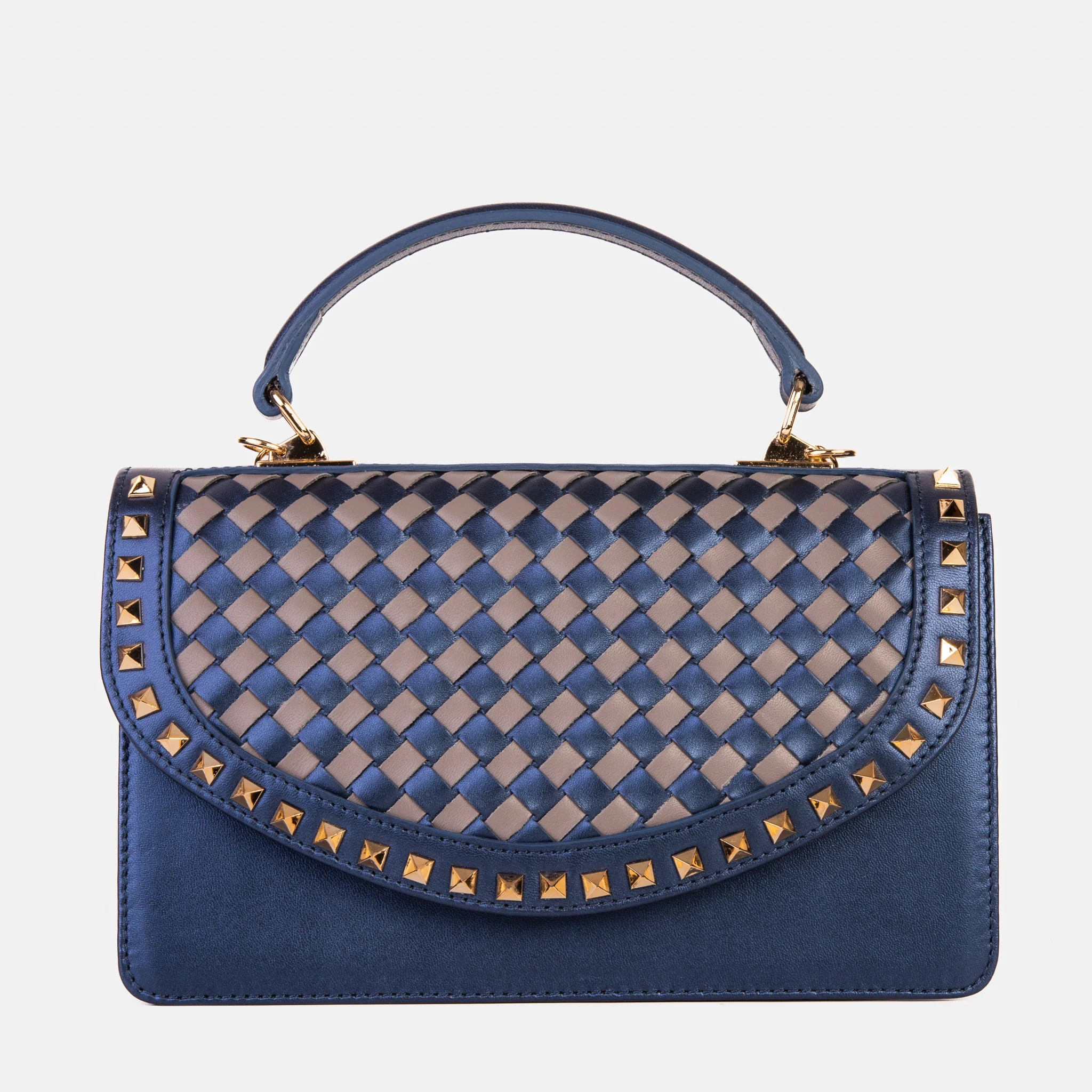 The Dosso Navy Blue and Beige Handwoven Leather Handbag - Image 2