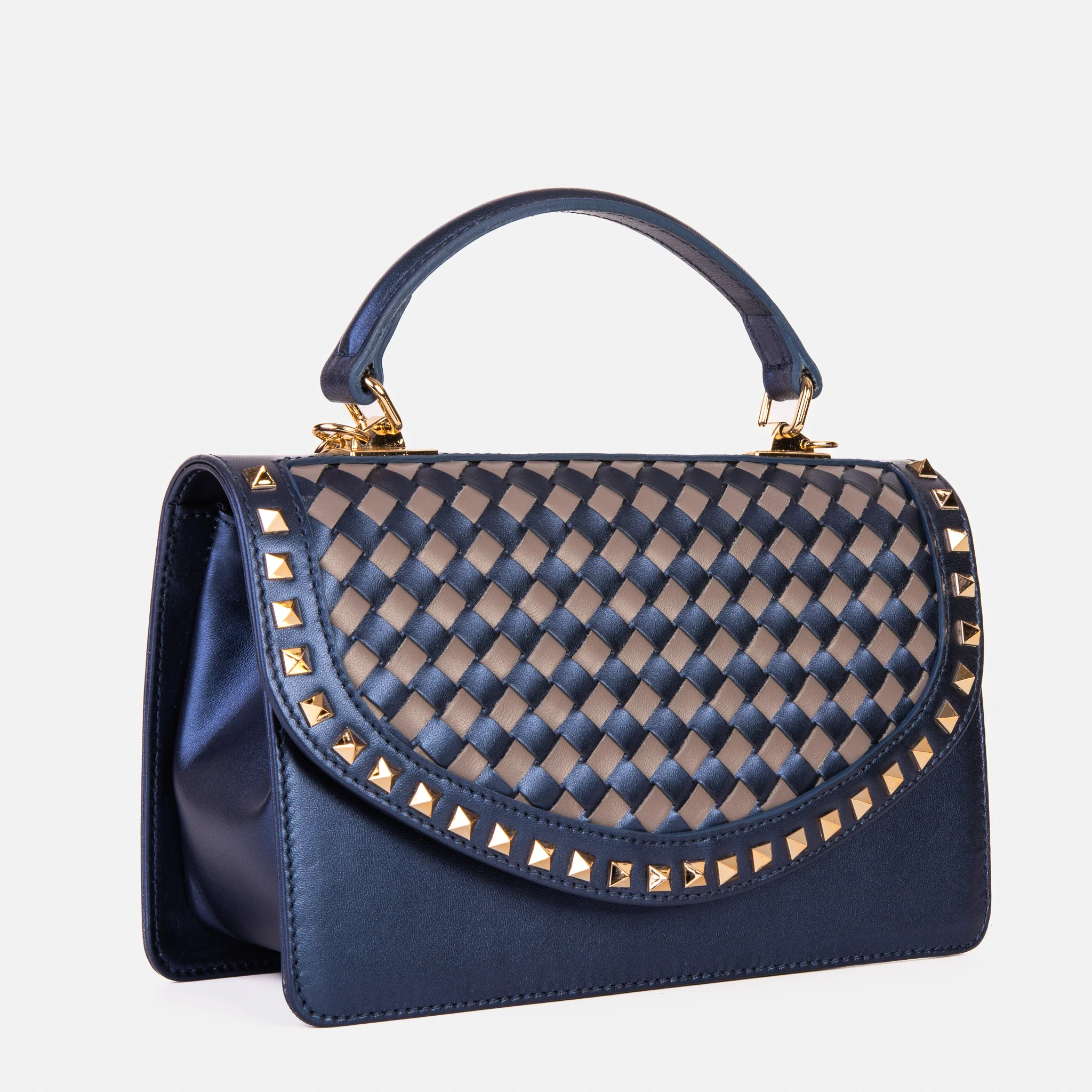 The Dosso Navy Blue and Beige Handwoven Leather Handbag - Image 6
