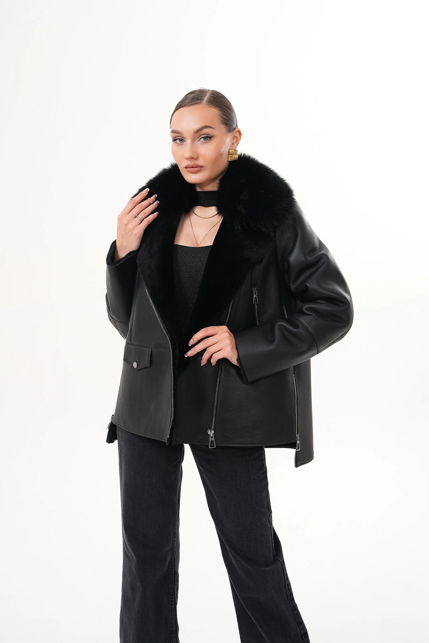 The Duchess Shearling Black Leather Women Jacket - Image 11