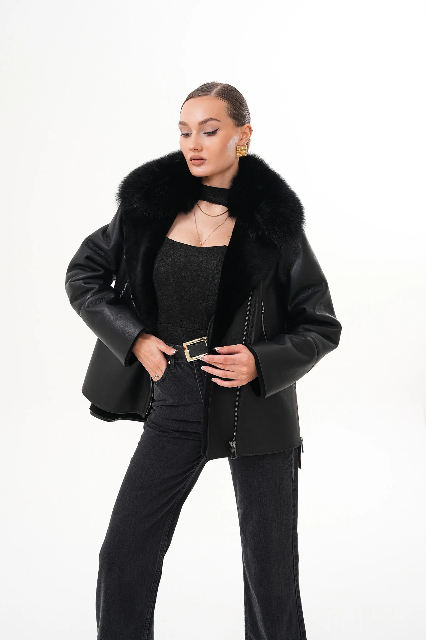 The Duchess Shearling Black Leather Women Jacket - Image 12