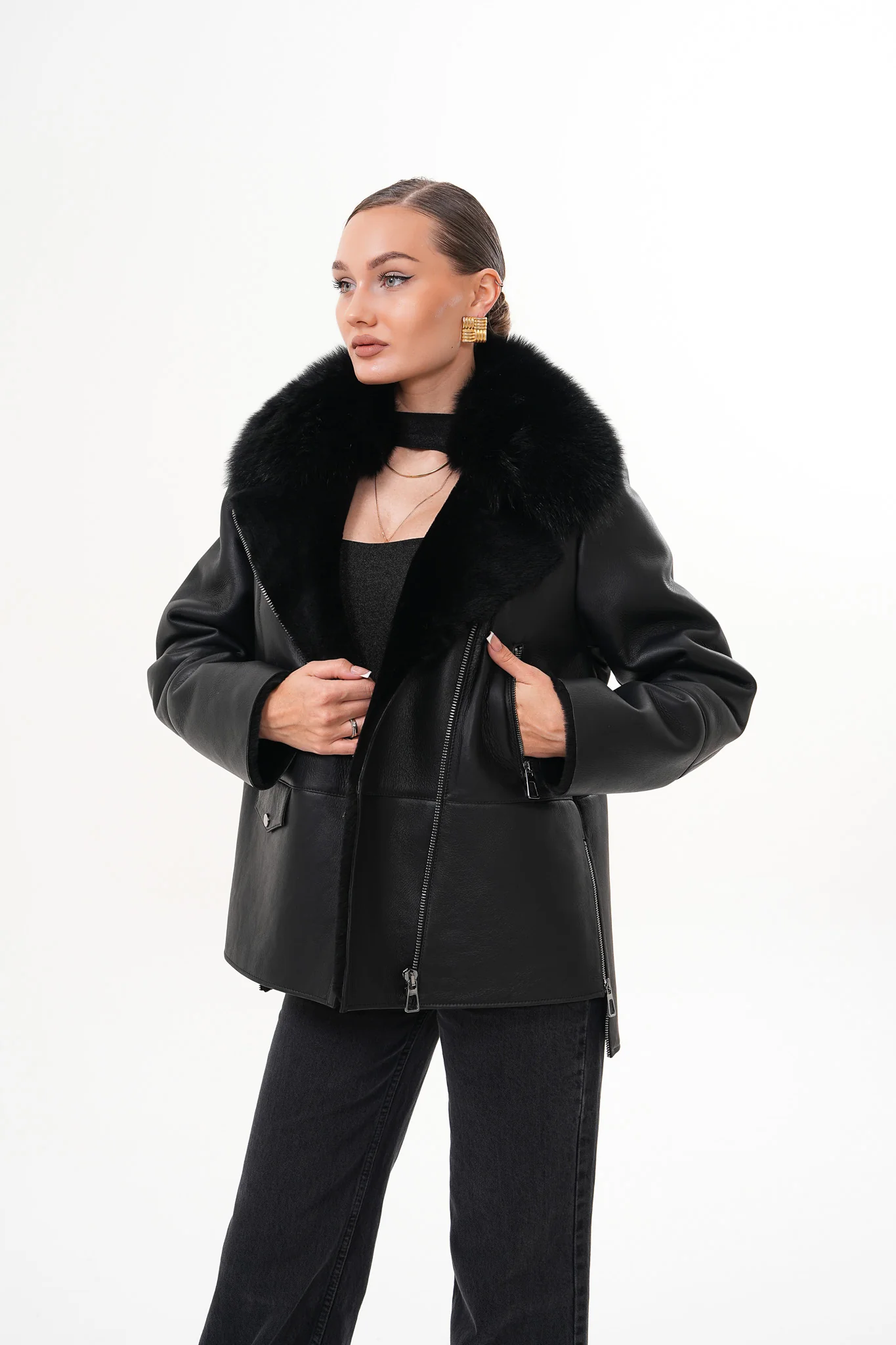 The Duchess Shearling Black Leather Women Jacket - Image 13