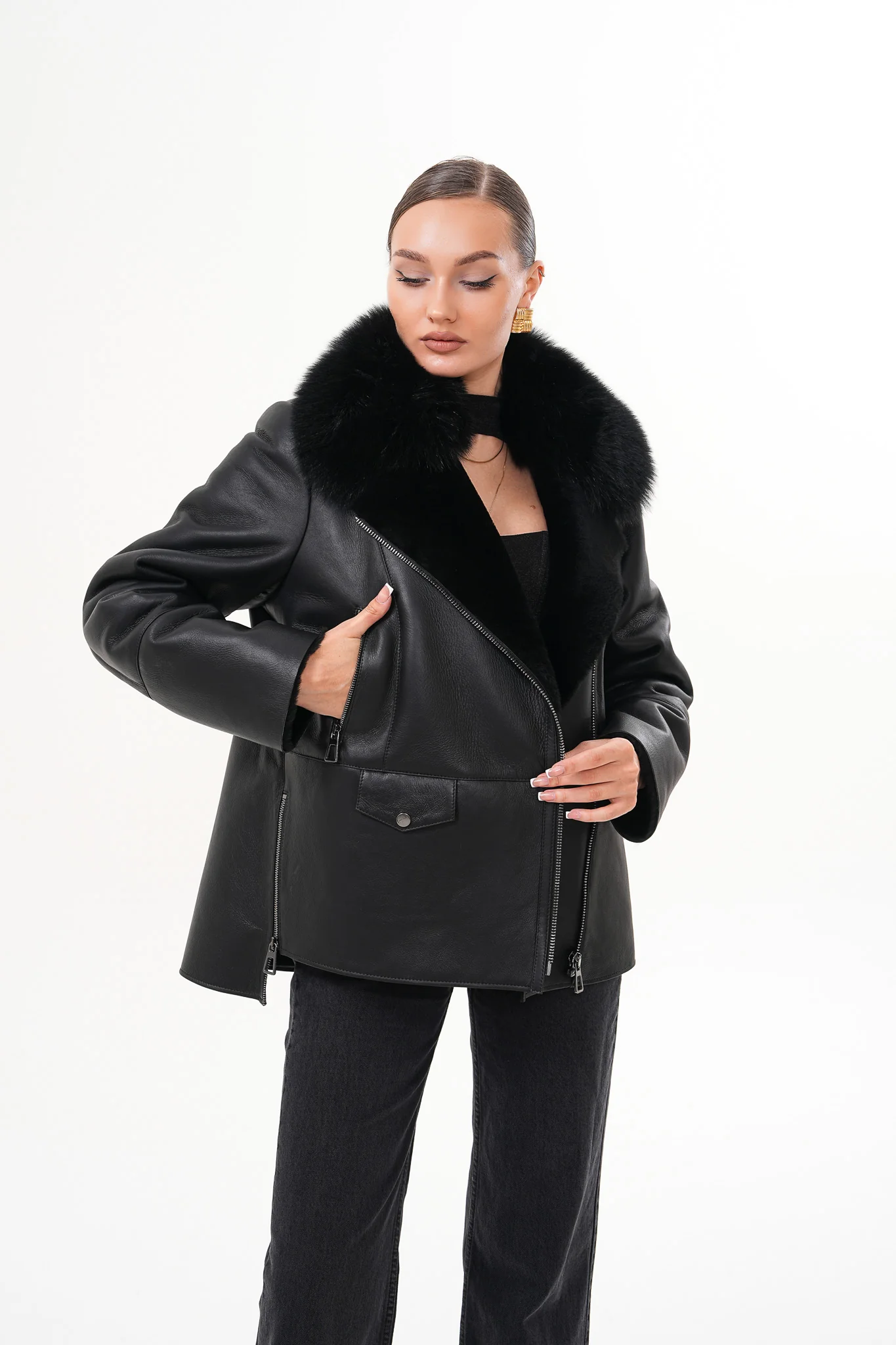 The Duchess Shearling Black Leather Women Jacket - Image 14