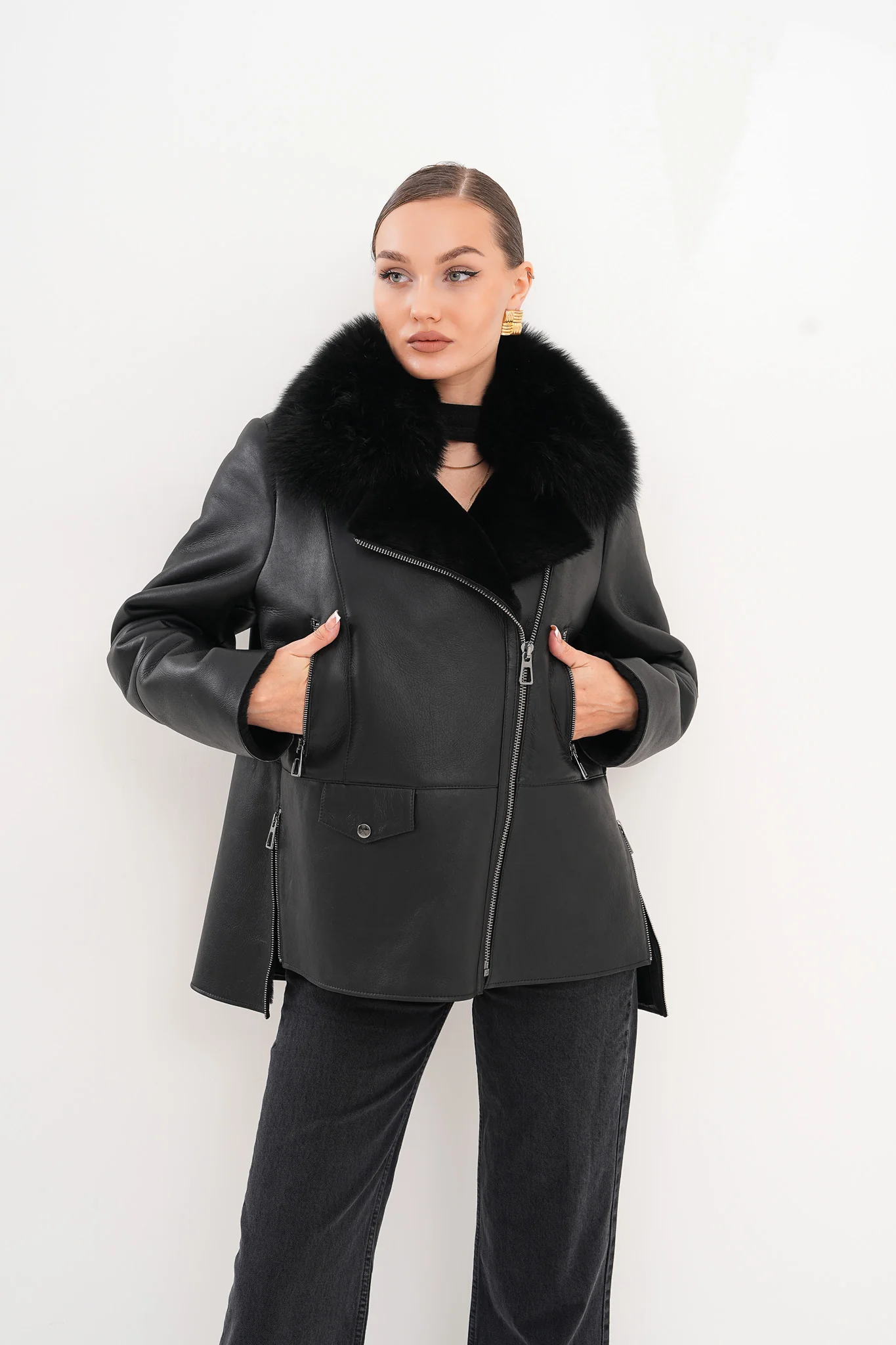 The Duchess Shearling Black Leather Women Jacket - Image 16