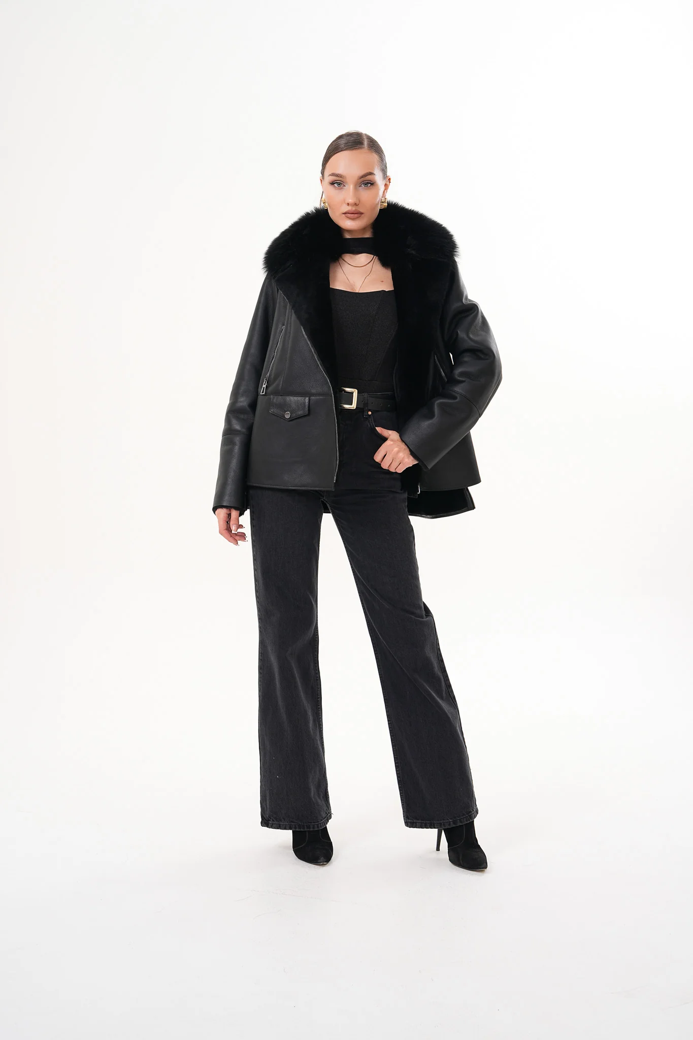 The Duchess Shearling Black Leather Women Jacket - Image 3